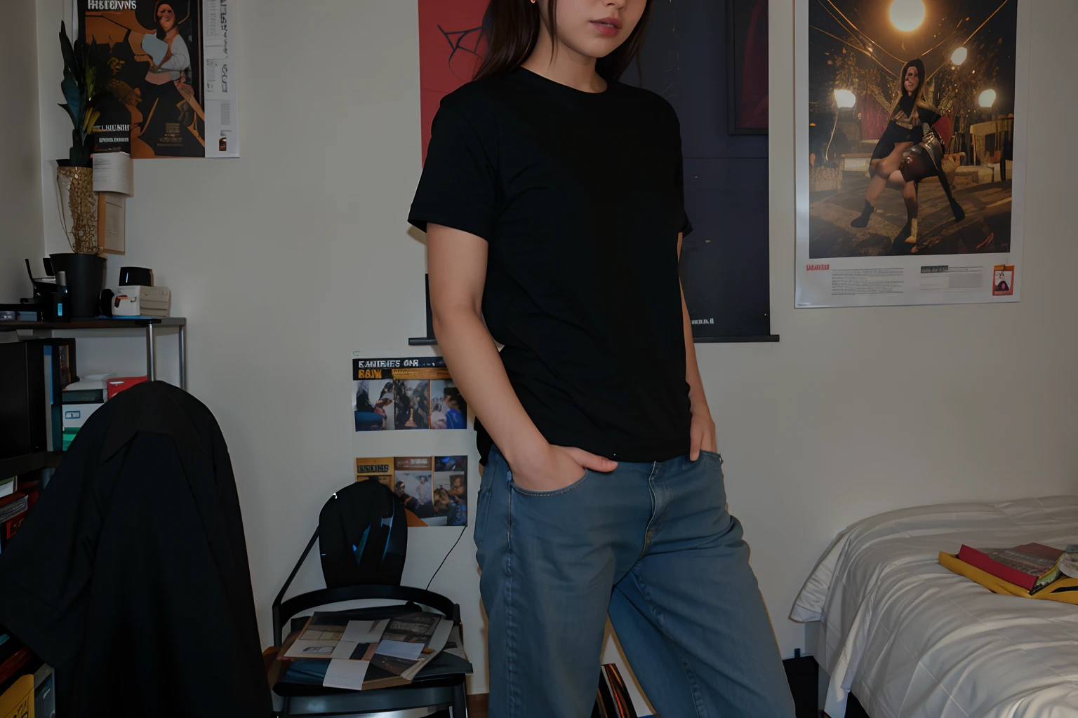 there is a girl standing in a bedroom with a chair, distant full body shot, standing in corner of room, full body wide shot, cinematic full body shot, fullbody shot, full - body - front - shot, standing in a dimly lit room, full body photo of bambi, full body picture, she is wearing a black t-shirt, she has very large breasts