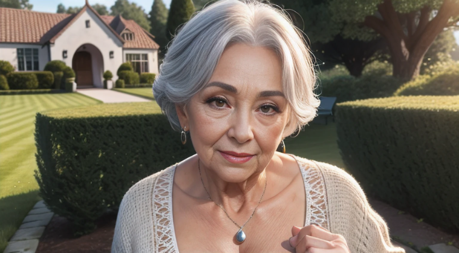 portrait of a 75-year-old woman with a bunch of grey hair on top of the head, grey eyes, a lot of wrinkles on her face, detailed wrinkles (8K, high resolution、The ultra -The high-definition、An ultra-high picture quality、Ultrarealistic、Best Quality)(small chest) clearly visible pubic shape, proper eye position, soft light, hips, detailed color graded background, intricate, highly detail, octane render, HD, 8k, an expensive country cottage, a huge house, a lawn, a large area around, bushes, a garden, evening meeting, business clothes with a pronounced neckline, tight clothes, small breasts, translucent dress, clear background, detailed background, ray traycing, soft shadows, NSFW:1.6, showing full body, full body, transparent suit,