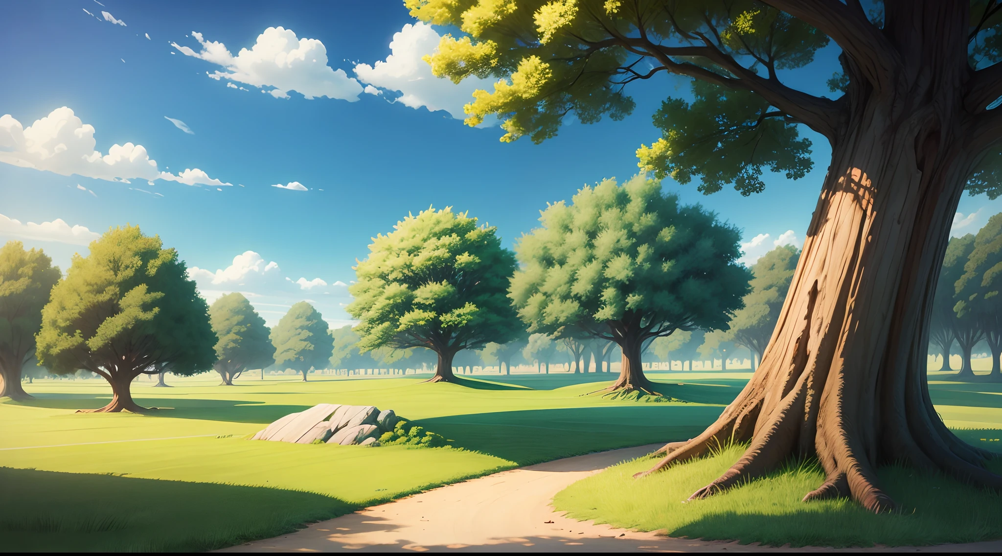 Cartoon grass land filed , tree ,sky in cartoon