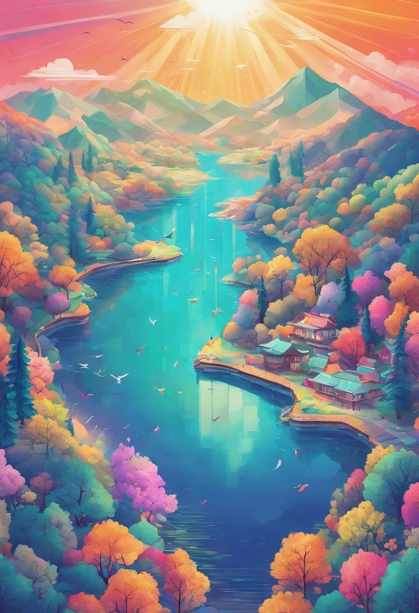 ((Rainbow after rain)),Skysky, blue colors, baiyun, after rainny, rays of sunshine, refractions, Seven colors, Red, Orange, Yellow, Green, Blue, Violet, arc-shaped, A bridge to heaven, llight rays, dream magical, wanting, Calm lake, inverted image, The outline of the tree, Birds fly, freshen, magical, Beautiful natural landscape