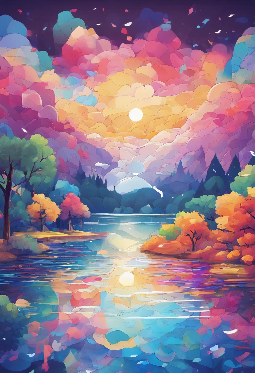 ((Rainbow after rain)),Skysky, blue colors, baiyun, after rainny, rays of sunshine, refractions, Seven colors, Red, Orange, Yellow, Green, Blue, Violet, arc-shaped, A bridge to heaven, llight rays, dream magical, wanting, Calm lake, inverted image, The outline of the tree, Birds fly, freshen, magical, Beautiful natural landscape