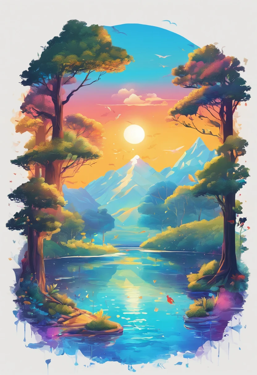 ((Rainbow after rain)),Skysky, blue colors, baiyun, after rainny, rays of sunshine, refractions, Seven colors, Red, Orange, Yellow, Green, Blue, Violet, arc-shaped, A bridge to heaven, llight rays, dream magical, wanting, Calm lake, inverted image, The outline of the tree, Birds fly, freshen, magical, Beautiful natural landscape