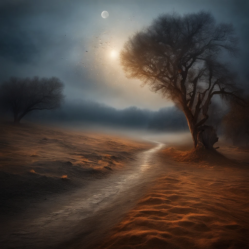 mountain ranges，rios，Auspicious clouds，rays of sunshine，tmasterpiece，super detailing，Epic composition，hyper HD，high qulity，extremely detaile，8k wallpaper，super detailing，aquarelle，Morning，horizon，The leaves of the dry tree fell to the ground,, star night, Thick fog on the ground, Blue light on the horizon, Motor Unreal 5, cinematic ligh, low angle photography, Motion blur, depth of fields, Dust, Cobblestones and dirt. splashart, Drop ink. Perfect color classification. Influenced by Karel Appel and Jeremy Mann, Full of dramatic and threatening scenes, ultra - detailed, Beautiful, insanely details, intricately details, editorial photography, shot with a 50mm lens, depth of fields, Tilt Blur, Shutter Speed ​​1/1000, f/22. Lightmaps, Super bright
