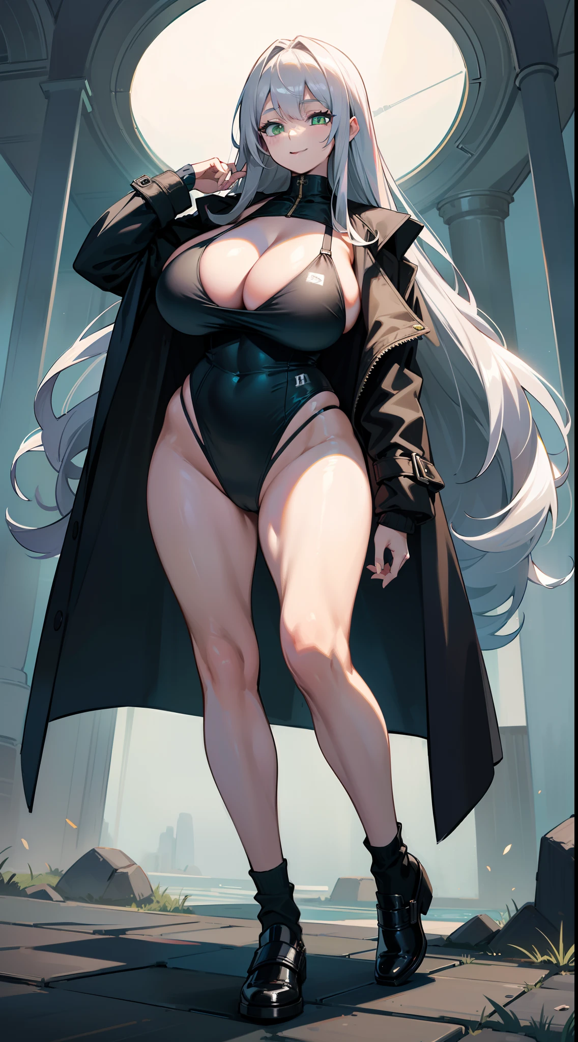 masterpiece,best quality,ultra detailed,8k,tall,big female,(gigantic breasts: 1.8),cleavage,20 years old,silver hair,long hair,straight hair,green eyes,smile,school swimsuit,black socks,black coat,coat on shoulders,action,