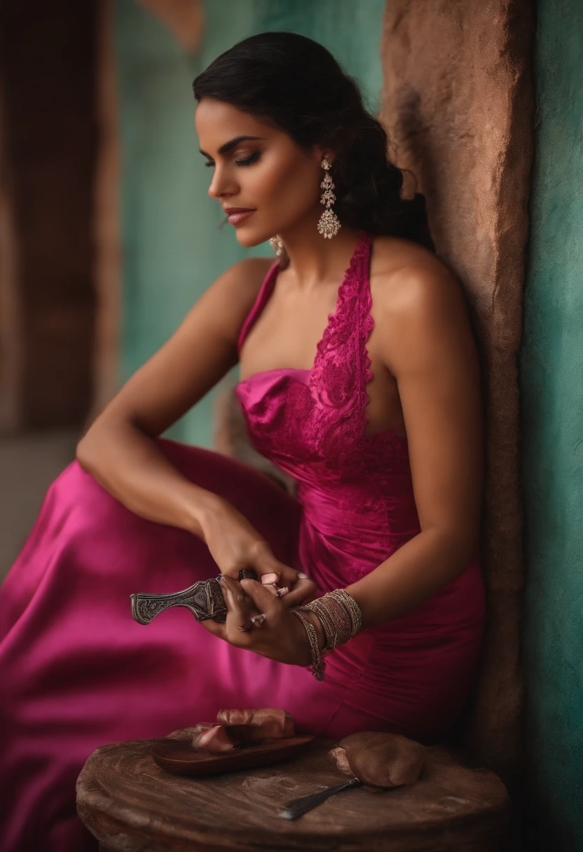 UMA MULHER LATINA, USANDO UM vestido rosa, In her hands she holds a beautiful pocket knife with a sharp tip. Olhando pra camera