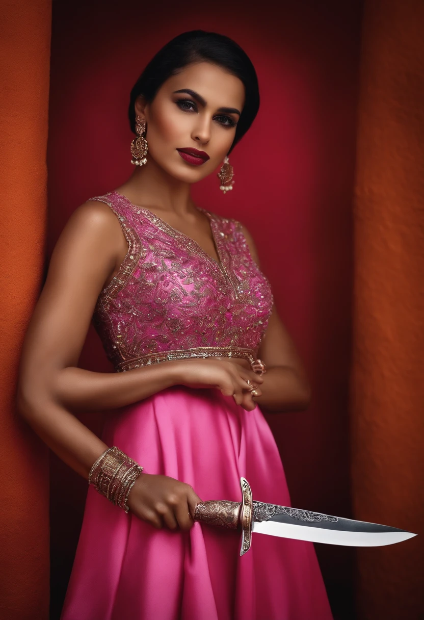 UMA MULHER LATINA, USANDO UM vestido rosa, In her hands she holds a beautiful pocket knife with a sharp tip. Olhando pra camera