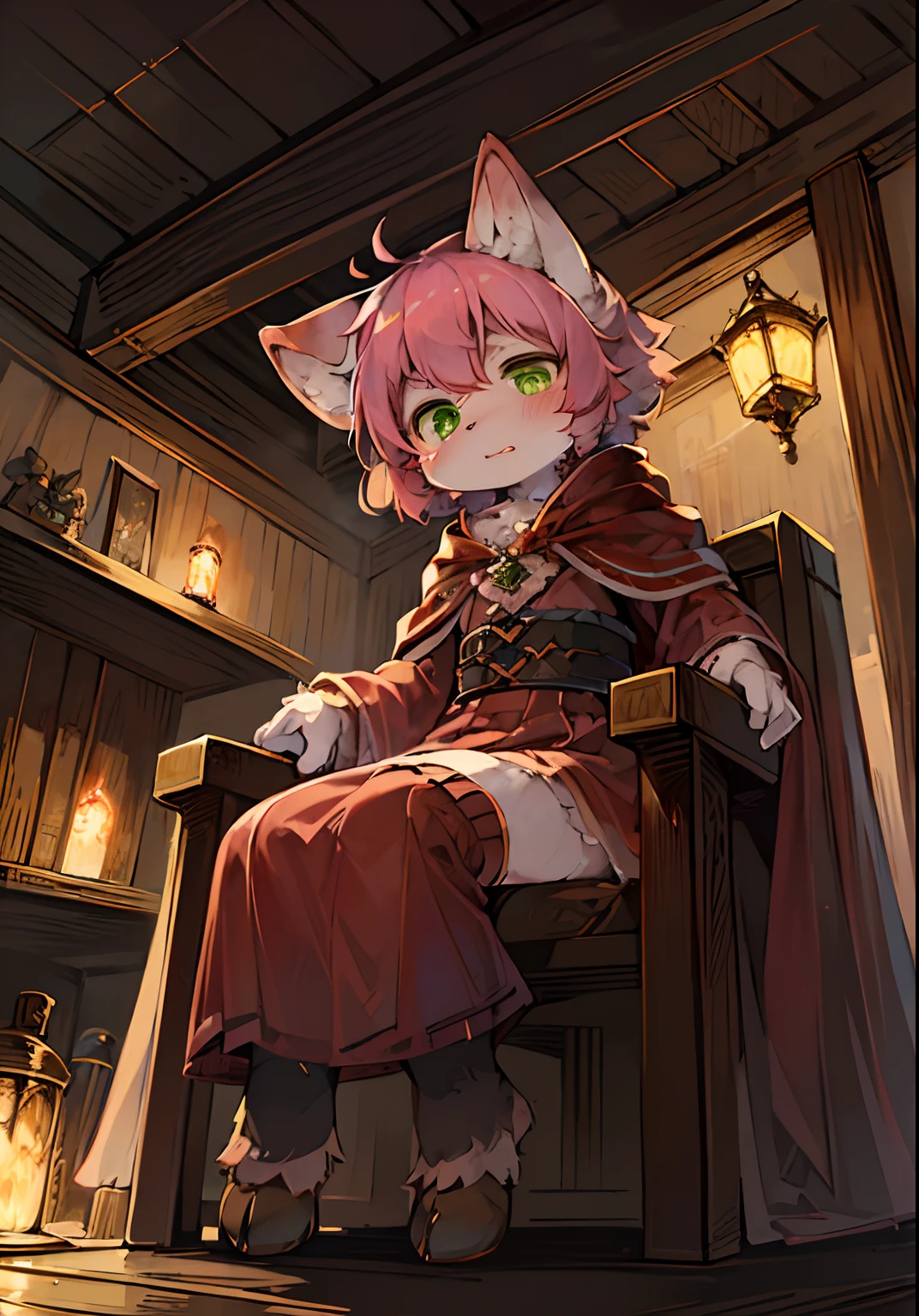 (ambiente dark:0.8),masterpiece,high quality,abstract res,digital painting\(artwork\), by dagasi, yupa,kiyosan,(anthro,fluffy fur,character focus:1.1),anthro male cat,short hair,portrait , eyes with brightness, in a panoramic view, Character focus.(detailedbackground:0.7), 独奏, shaggy, Furry female,female focus, anthr,(Full Body Furry, Fluffy tail, White fur, Green eyes, A pink-haired:1.2), (Even-hoofed cavernaceae、sheeps、Cloak:1.2),(interiors、the night、borgar、casket:1.1)