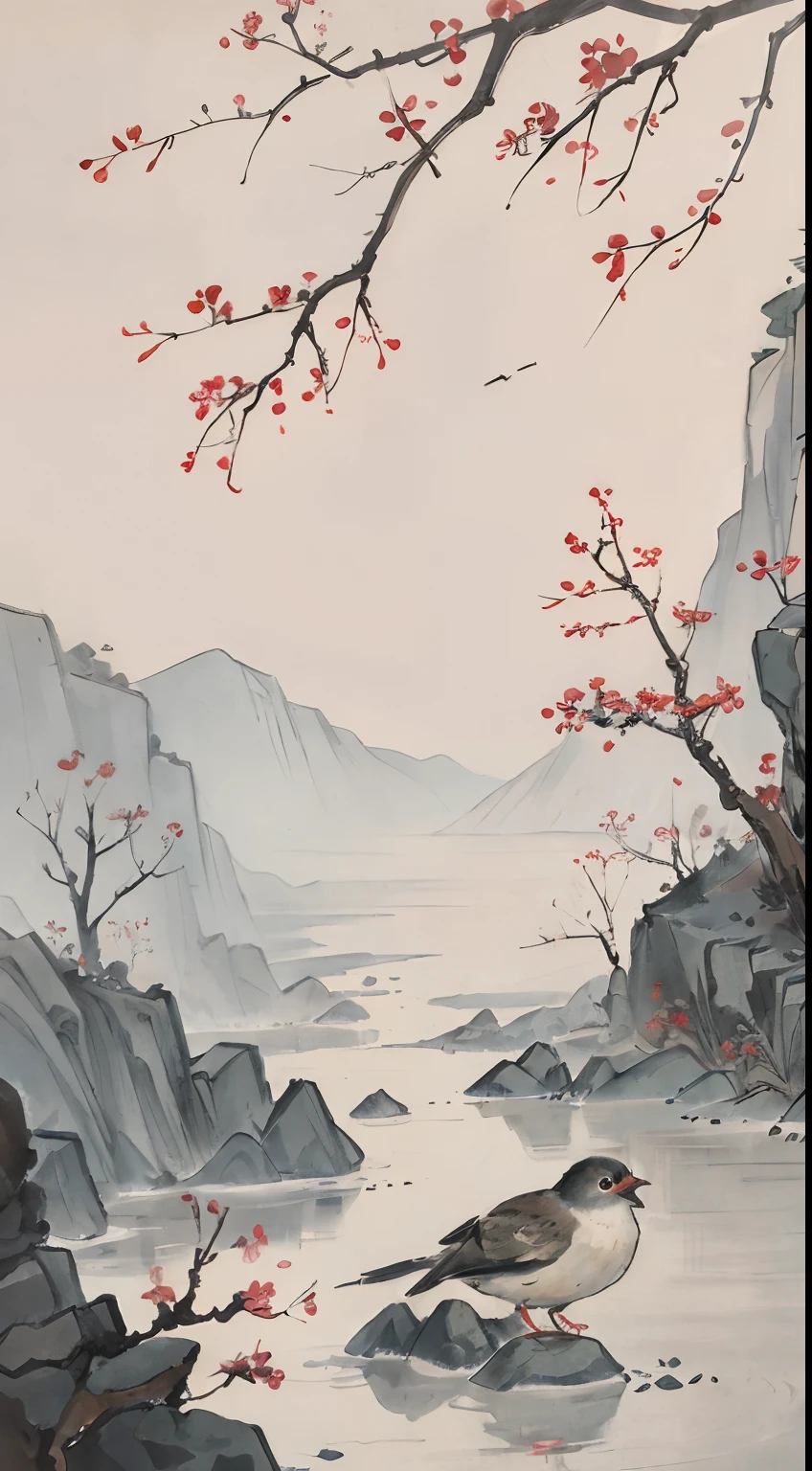 "(picture quality is high+1.5)Two little birds，Falls on a branch，k hd，Scenery and birds account for relatively small，Chinese landscape，Traditional Chinese watercolor，Traditional Chinese painting，China ink painting，peaceful scenery。"cute boy side look red dress