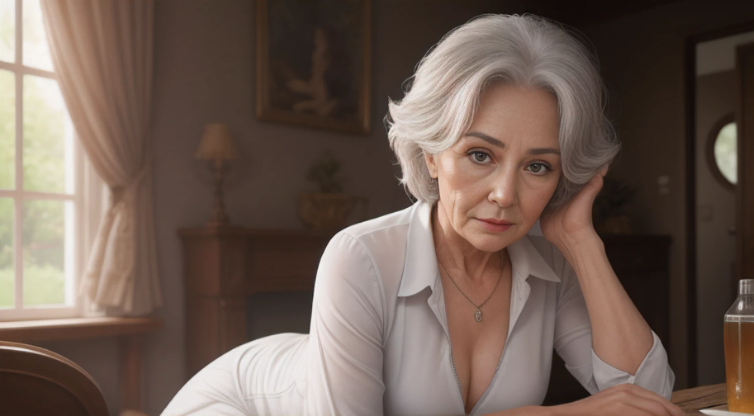 portrait of a 75-year-old woman with gray hair, seductive gaze,a bunch of grey hair on top, brown eyes, a lot of wrinkles on her face, detailed wrinkles (8K, high resolution、The ultra -The high-definition、An ultra-high picture quality、Ultrarealistic、Best Quality)(small chest) clearly visible pubic shape, proper eye position, soft light, hips, detailed color graded background, intricate, highly detail, octane render, HD, 8k, an expensive country cottage, a huge house, a lawn, a large area around, bushes, a garden, evening meeting, business clothes with a pronounced neckline, tight clothes, small breasts, translucent dress, clear background, detailed background, ray traycing, soft shadows