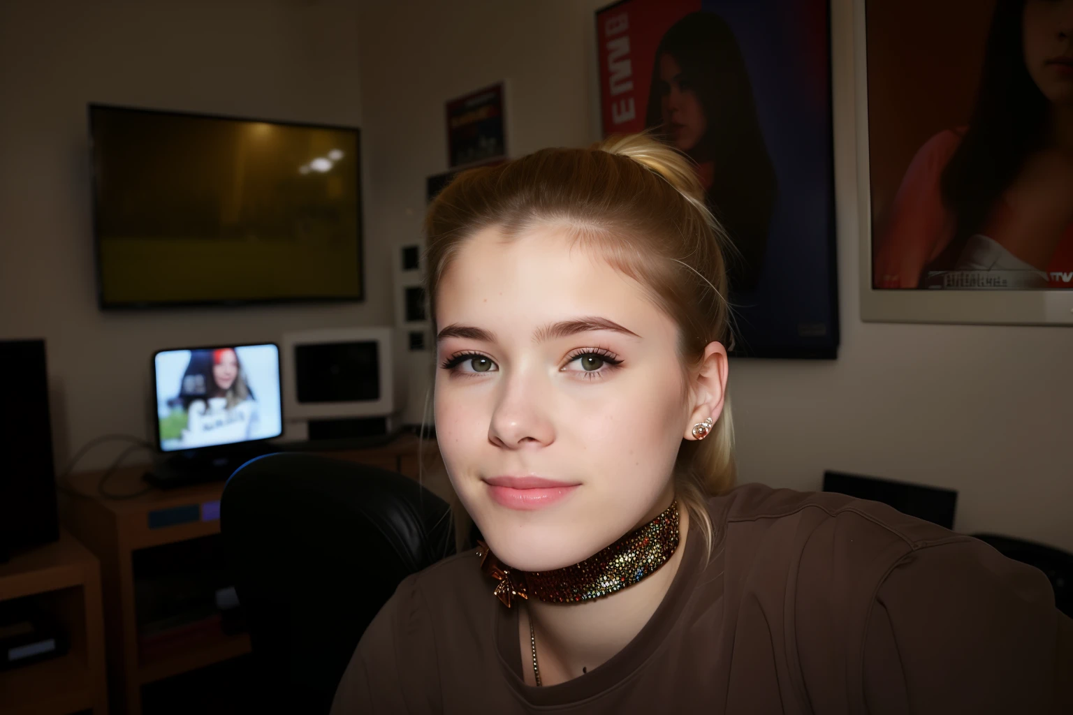 there is a girl that is sitting in front of a tv, twitch streamer / gamer belle delphine, taken in the late 2000s, profile shot, taken in the mid 2000s, halfbody headshot, blonde, around 1 9 , profile picture 1024px,