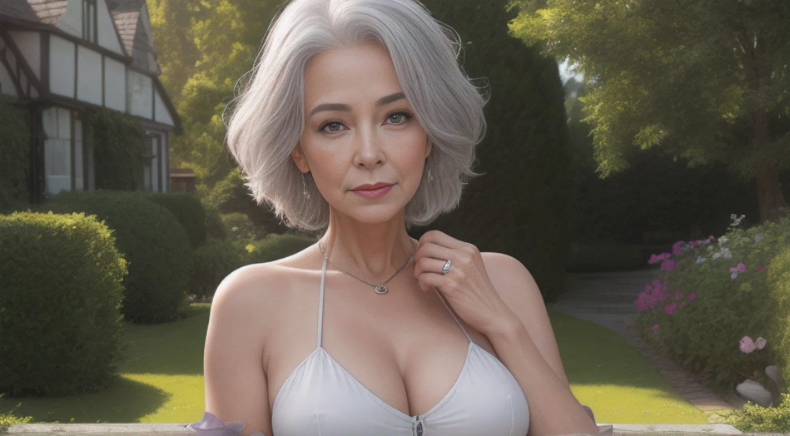 portrait of a 75-year-old woman with gray hair, seductive gaze,a bunch of grey hair on top, brown eyes, a lot of wrinkles on her face, detailed wrinkles (8K, high resolution、The ultra -The high-definition、An ultra-high picture quality、Ultrarealistic、Best Quality)(small chest) clearly visible pubic shape, proper eye position, soft light, hips, detailed color graded background, intricate, highly detail, octane render, HD, 8k, an expensive country cottage, a huge house, a lawn, a large area around, bushes, a garden, evening meeting, business clothes with a pronounced neckline, tight clothes, small breasts, translucent dress, clear background, detailed background, ray traycing, soft shadows