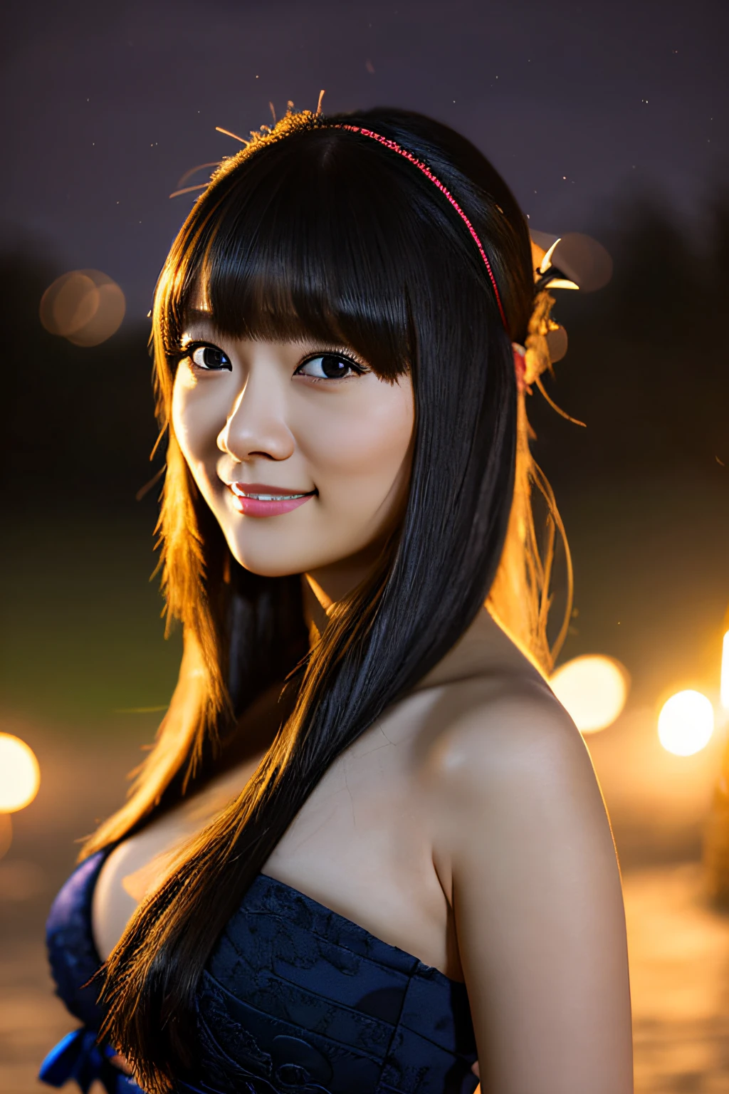 masutepiece, Best Quality, Best Quality, (intricate-detail:1.2), Beautiful eyes, 1girl in, Solo, Outdoors, Moonlight at night、cloudy, Bokeh, Lens Flare, anamorphic lens flare, depth of fields, Seductive face, Seductive smile, Heanna_Sumire, Black hair, Blue headband,
