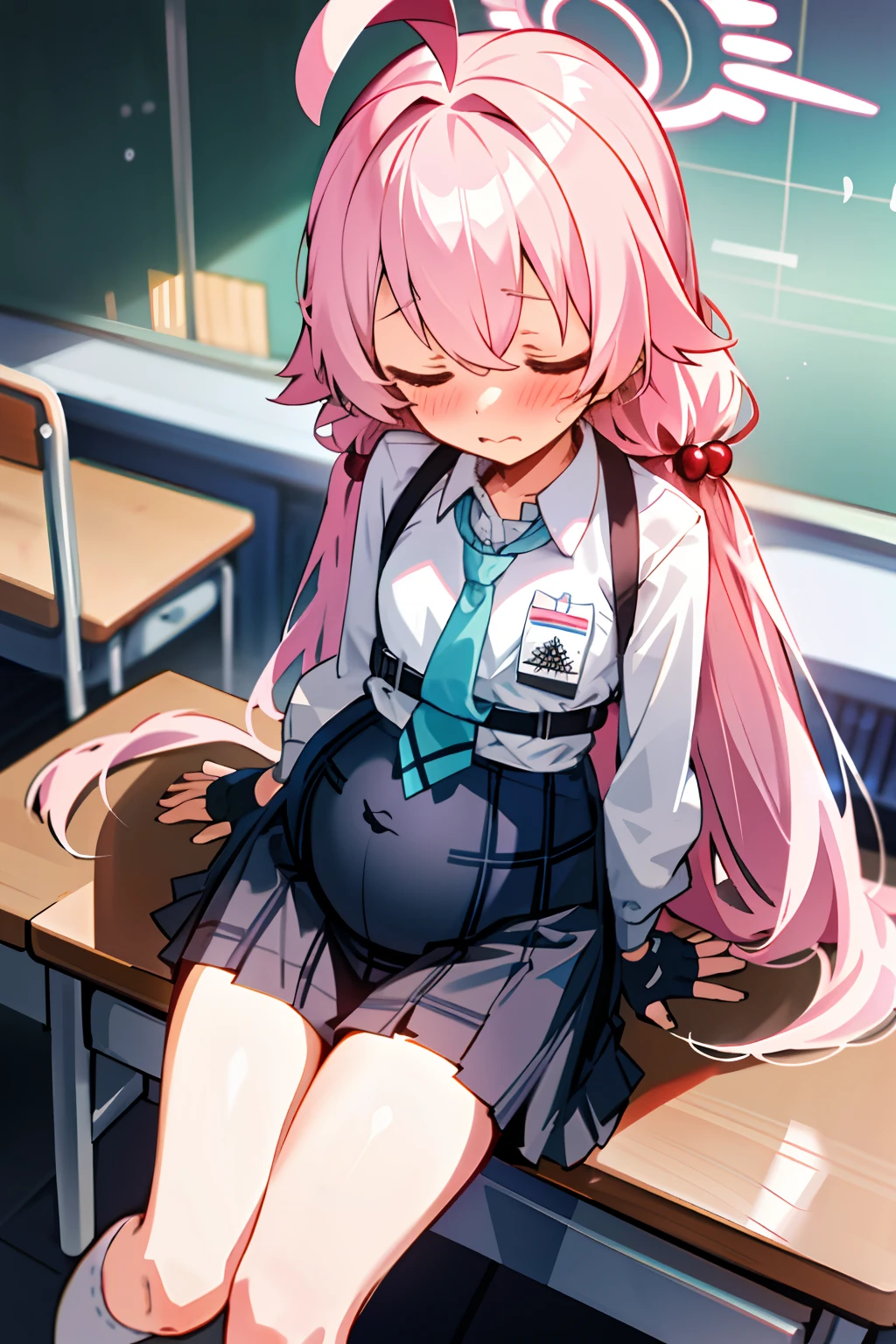 Hoshino (blue archive) One girl with long hair and uniform,  girl, looking at camera, sleepy face, blushing, tsundere, small breast, pregnant, hands behind back, classroom, best quality, high quality,