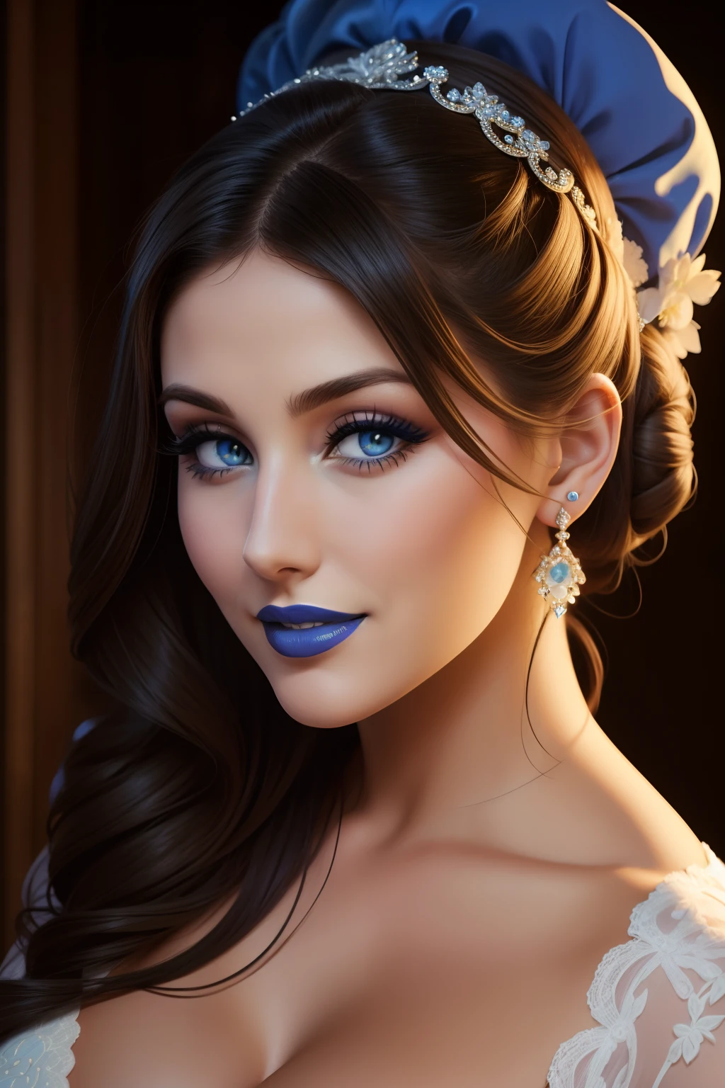 lucy pinder, face portrait, smiling, bride, blue lipstick, chignon