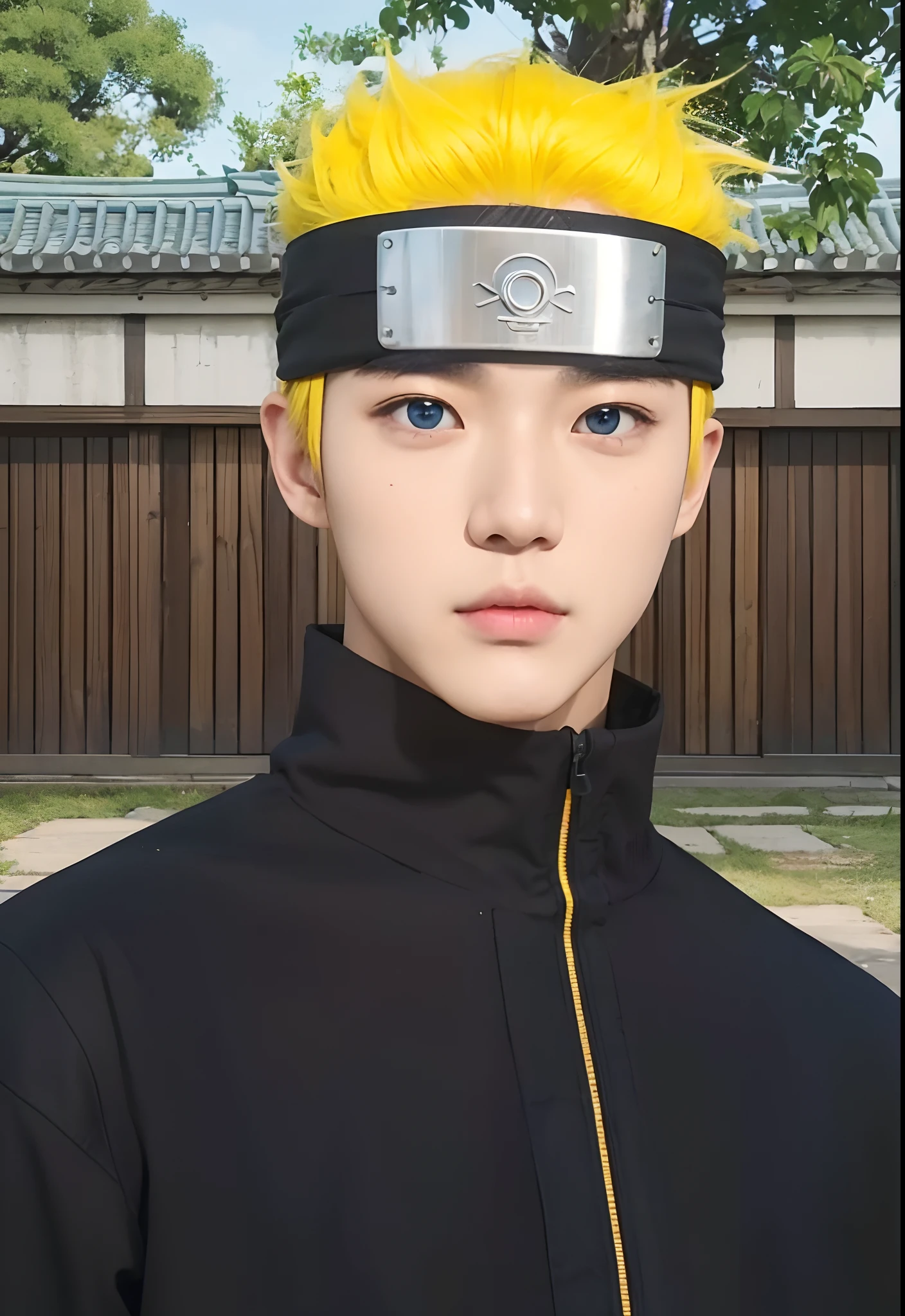 Real life adaption of this character, ((Korean teen handsome face)), Realistic blue eyes,((realistic very Messy yellow hair)),wear realistic black  headband with iron plate , realistic same outfit with orange zipper, hyper realistic, realism, realistic light, realistic shadow,(photorealistic:1.2),Cool expression