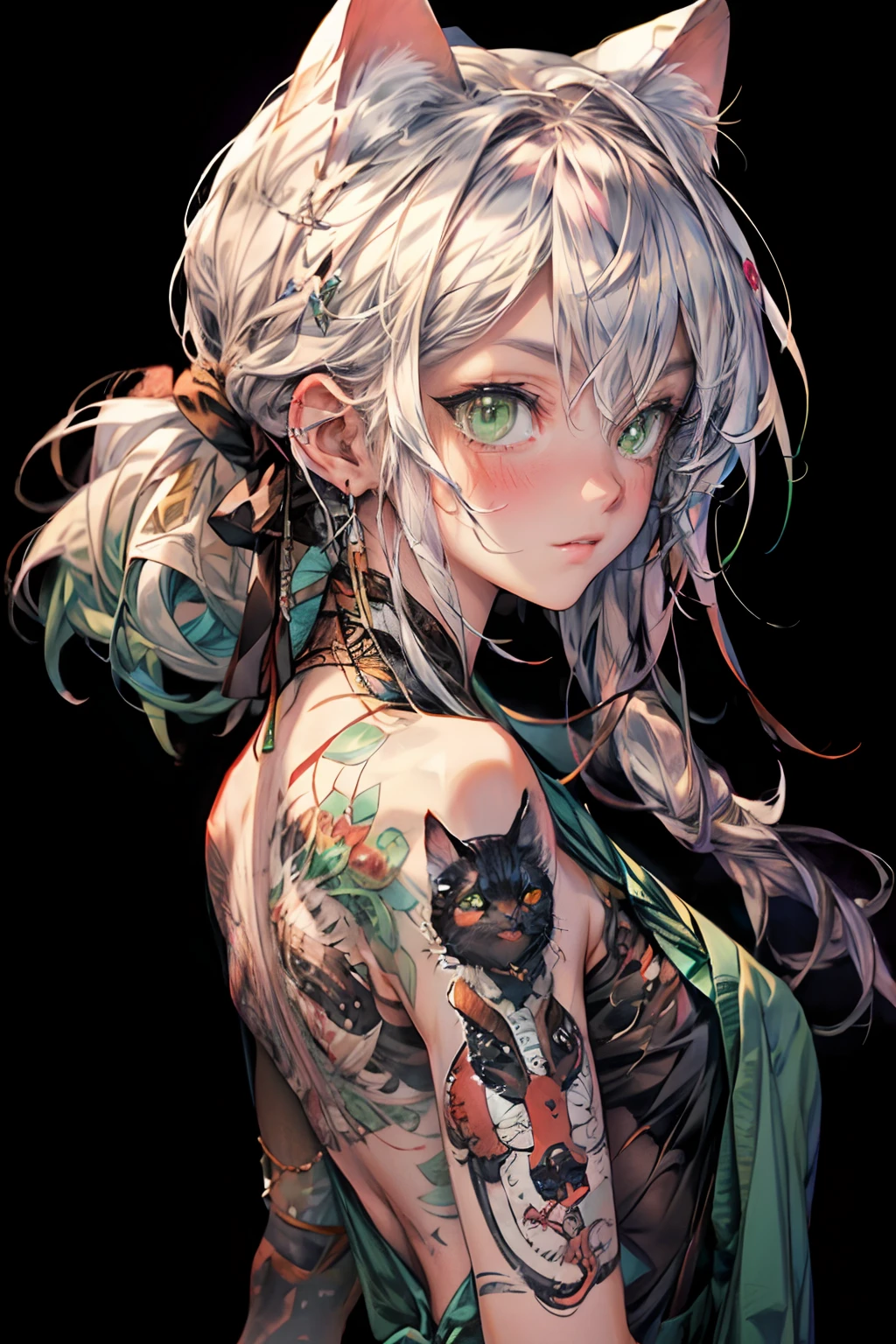 Cat tattoo、Green eyes、hight resolution、masterpiece、