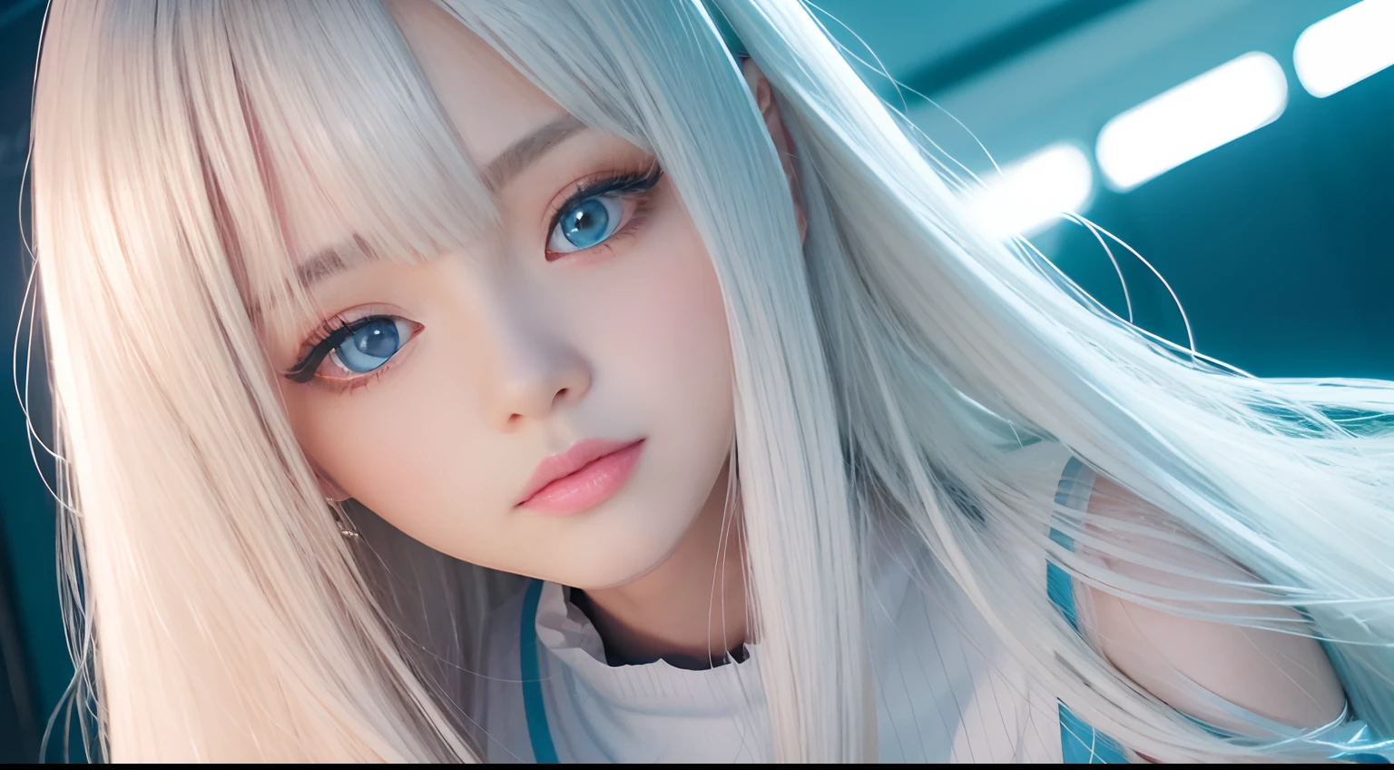 Silky and shiny skin、22 years old cute sexy little beautiful face、Hair glows in front of cute face、long silky bangs covering the eyes、Light blue eyes、Young woman extra long blonde hair shiny bright straight hair、with round face、Small face beauty、largeeyes、bright expression、The shirt、The clothes are also big
