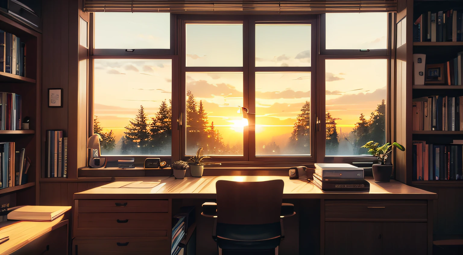 lofi, interior, home office, bedroom, office desk, office table, large window, book shelves, forest, cozy, ikigai, nordic, muji, sunset