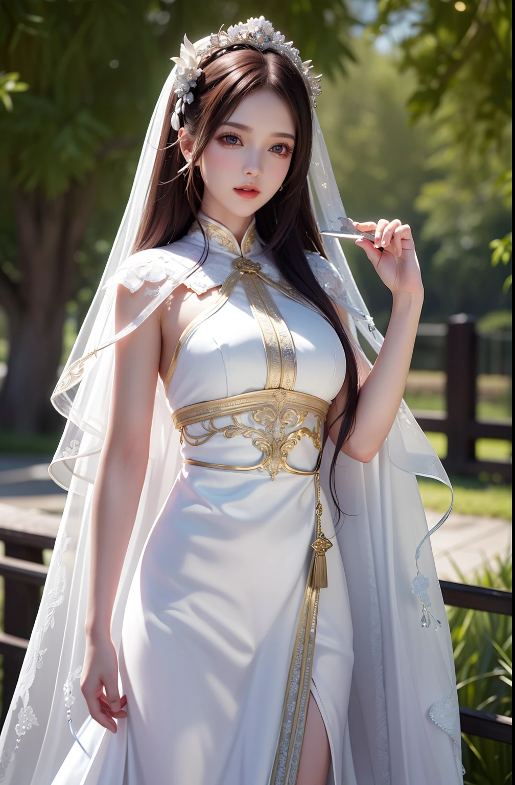 ((masterpiece))), (((best quality))), ((ultra-detailed)), (hyperrealistic), (highly detailed CG illustration), cinematic light, photorealistic ,extremely beautiful young lady, light makeup, intricate detailed eaba, white intricate cape, dynamic pose, spear