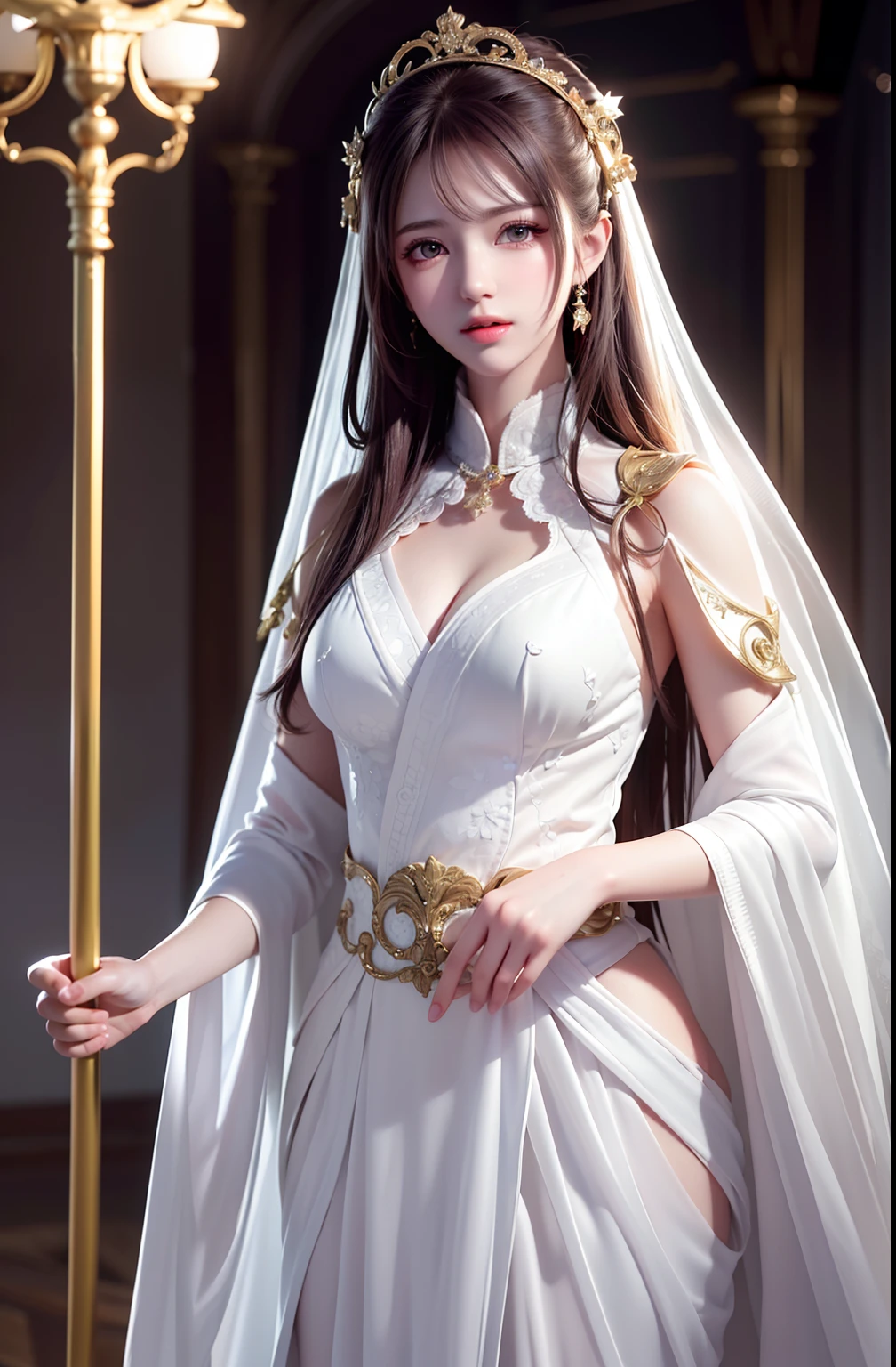 the perfect human model cute angelic girl posing, accurate details, detailed face, fantasy gold clothes, dramatic, intricate, elegant, highly detailed, digital painting, artstation, concept art, smooth, sharp focus, illustration, art by gustave dore, octane render, 4k