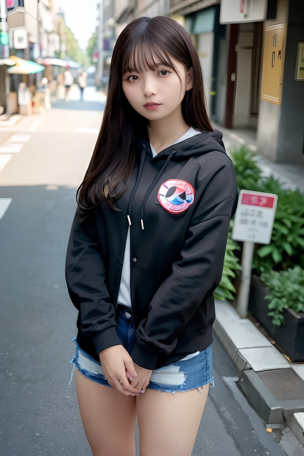 (skin blemish:1.2), (skindentation), black eye, 1woman, 25yo, (((woman))), solo, realistic, best quality, photorealistic, masterpiece, 8k, high res, solo, extremely detailed face, (professional lighting, bokeh), (light particles, lens flare, glowing particles:0.6), (dynamic pose:1.2), soft lighting, top angle view, fashionable and trendy atmosphere, japan, (street:1), tokyo, (city), river, ((nighttime)), sky, ((looking at the viewer:1)), (looking at the camera),(portrait:0.6), cowboy shot, gorgeous, walking, keep original facial proportion, wide shoulder, full body, (medium breast), (long hair), brown hair, floating hair, lips, lipstick, seductive smile, floating hair, (smile), (open_mouth), teeth, eye ring, hoodie, hood, ma1 jacket, hood coat, mole, (mole under eye:1),