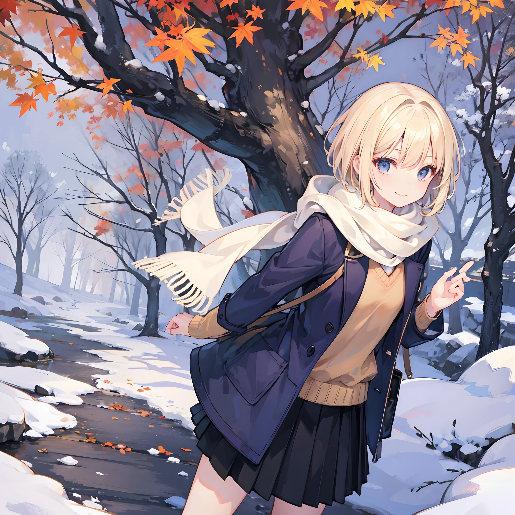 1 girl, smiling, european, winter coat, scarf, skirt, (small) chillerism, short blonde hair, autumn trees