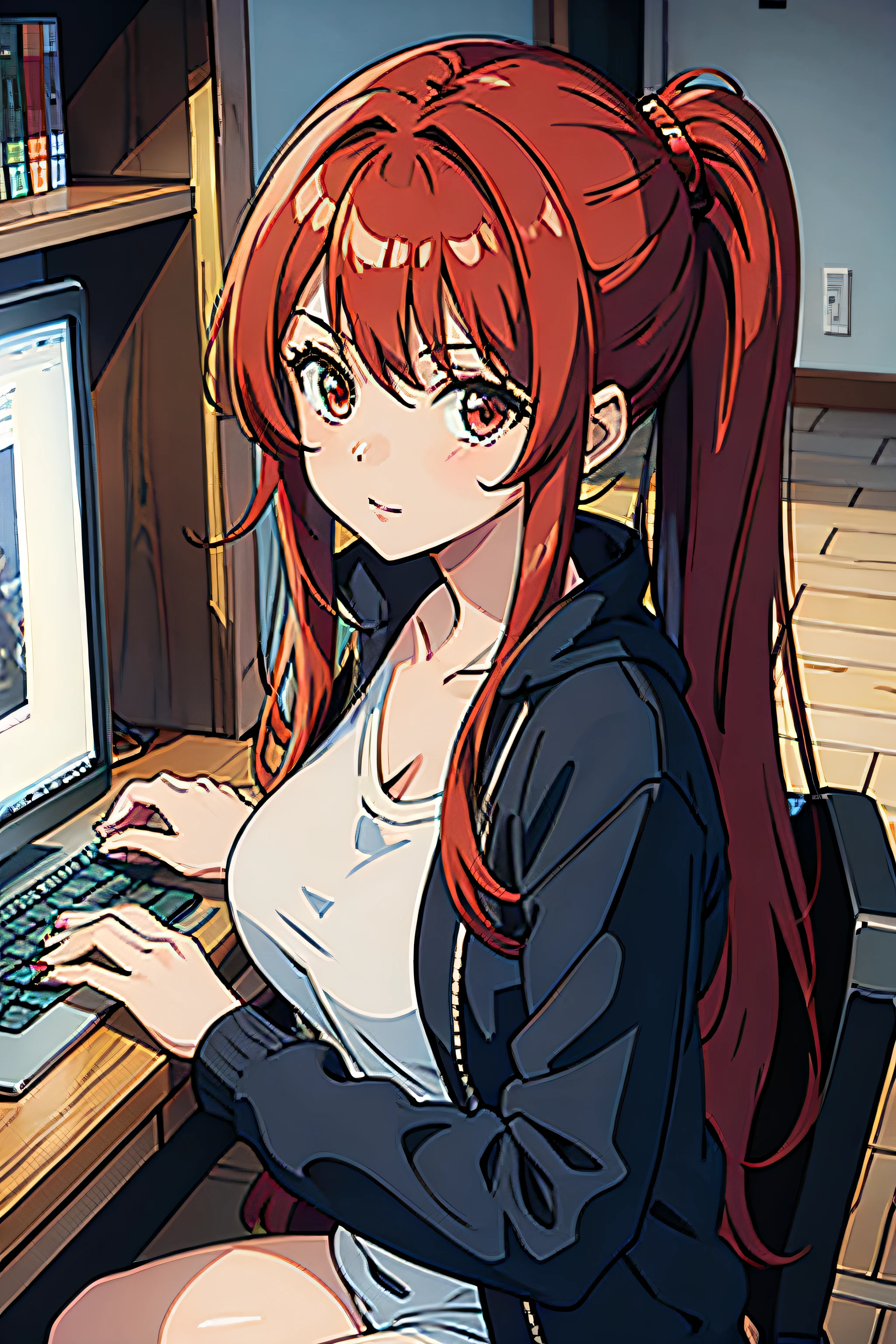 anime,1 girl, red hair, computer , sexy, long hair, cute,