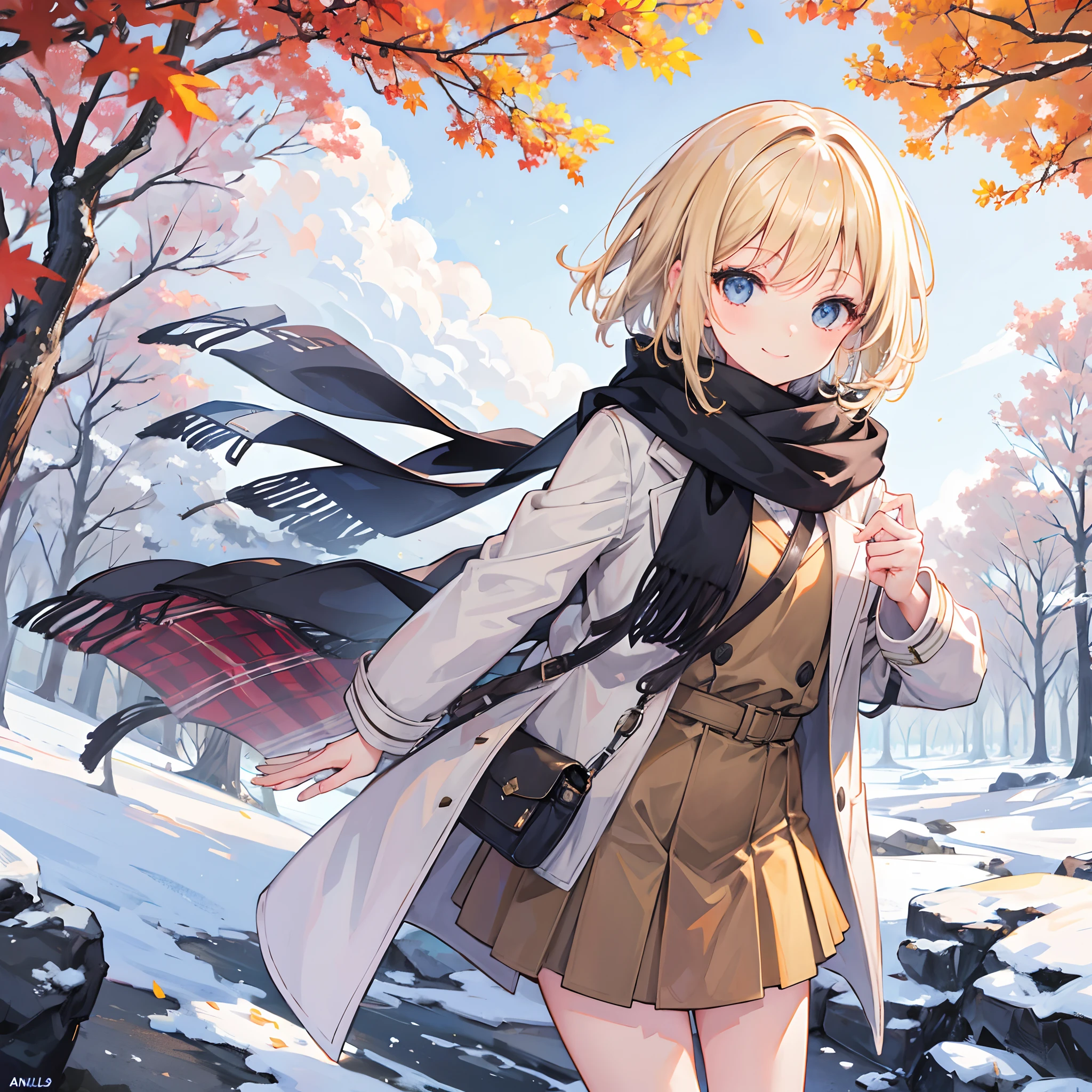 1 girl, smiling, european, winter coat, scarf, skirt, (small) chillerism, short blonde hair, autumn trees