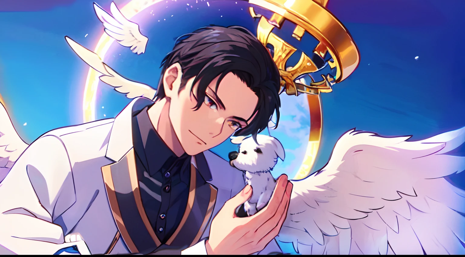 masterpiece, 1Man, luci, red eyes, black hair, luci\(Angelic\), Angel halo, big white wings, celestial White Suit, blue sky, sad, side view