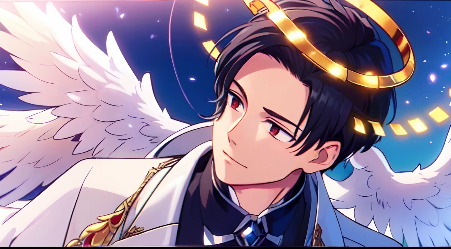masterpiece, 1Man, luci, red eyes, black hair, luci\(Angelic\), Angel halo, big white wings, celestial White Suit, blue sky, sad, side view