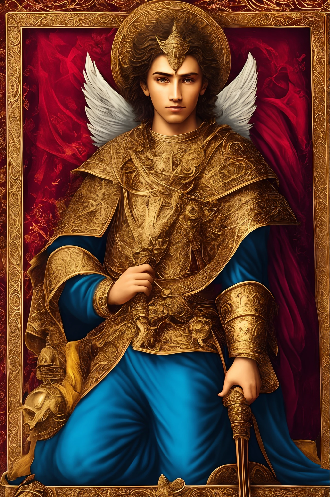 Crie uma imagem do Arcanjo Miguel. Ele deve estar de frente, Kneeling with only one knee on the floor, com sua espada apontada para baixo e fincada no solo. A espada deve emanar uma chama azul intensa. O fundo da imagem deve ser completamente preto, para destacar Miguel e a chama azul. Give details to Archangel Michael, representando-o com as asas majestosas, a gleaming suit of armor and a determined, protective expression on his face.