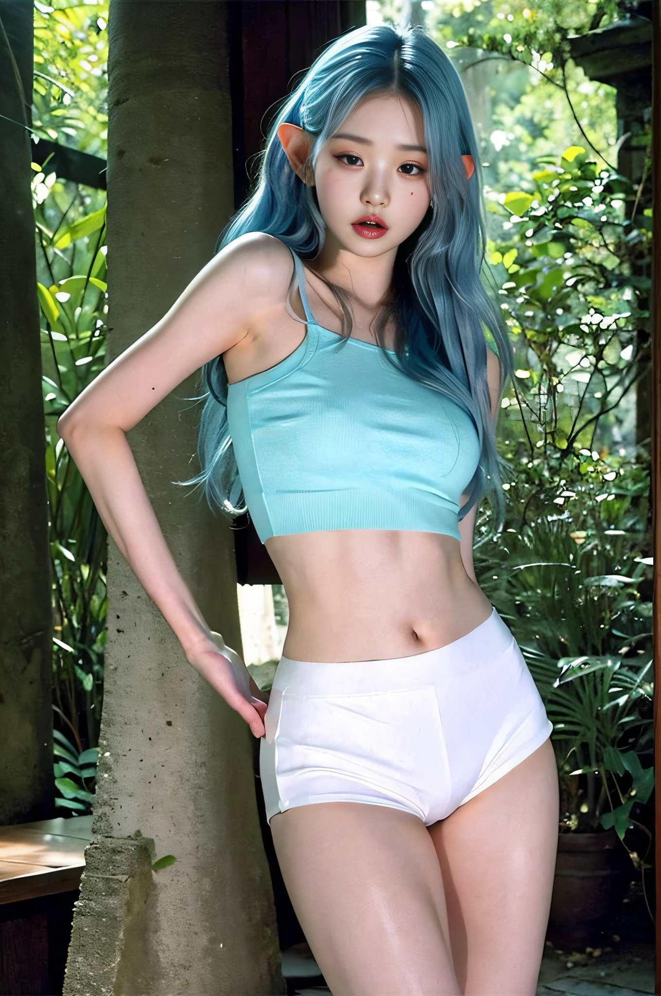 body view, elf girl, sexy elf, petite girl, 1girl, forest background, ite girl, small breast, petite figure, long light blue hair, face front, tight crop top, tight crop-top, tight short shorts, breasts exposed, emotional face, make up, masterpiece, best quality