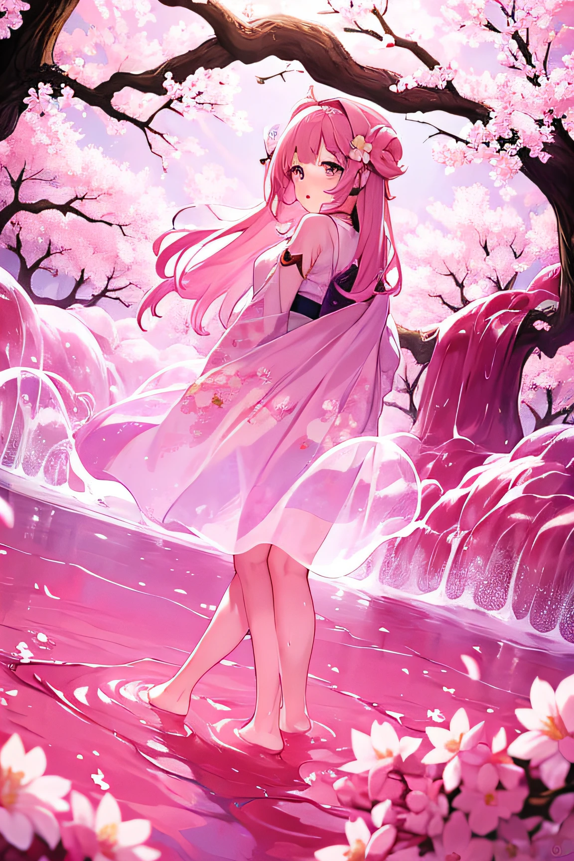 1girl, slime pink, background with sakura flowers