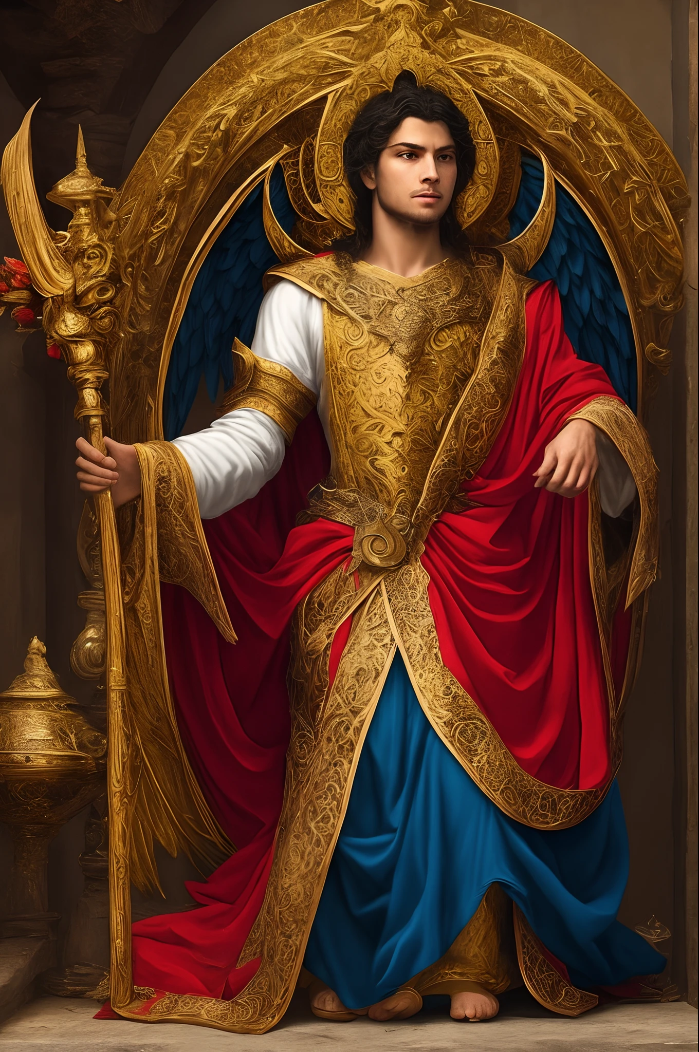 Crie uma imagem do Arcanjo Miguel. Ele deve estar de frente, Kneeling with only one knee on the floor, com sua espada apontada para baixo e fincada no solo. A espada deve emanar uma chama azul intensa. O fundo da imagem deve ser completamente preto, para destacar Miguel e a chama azul. Give details to Archangel Michael, representando-o com as asas majestosas, a gleaming suit of armor and a determined, protective expression on his face.