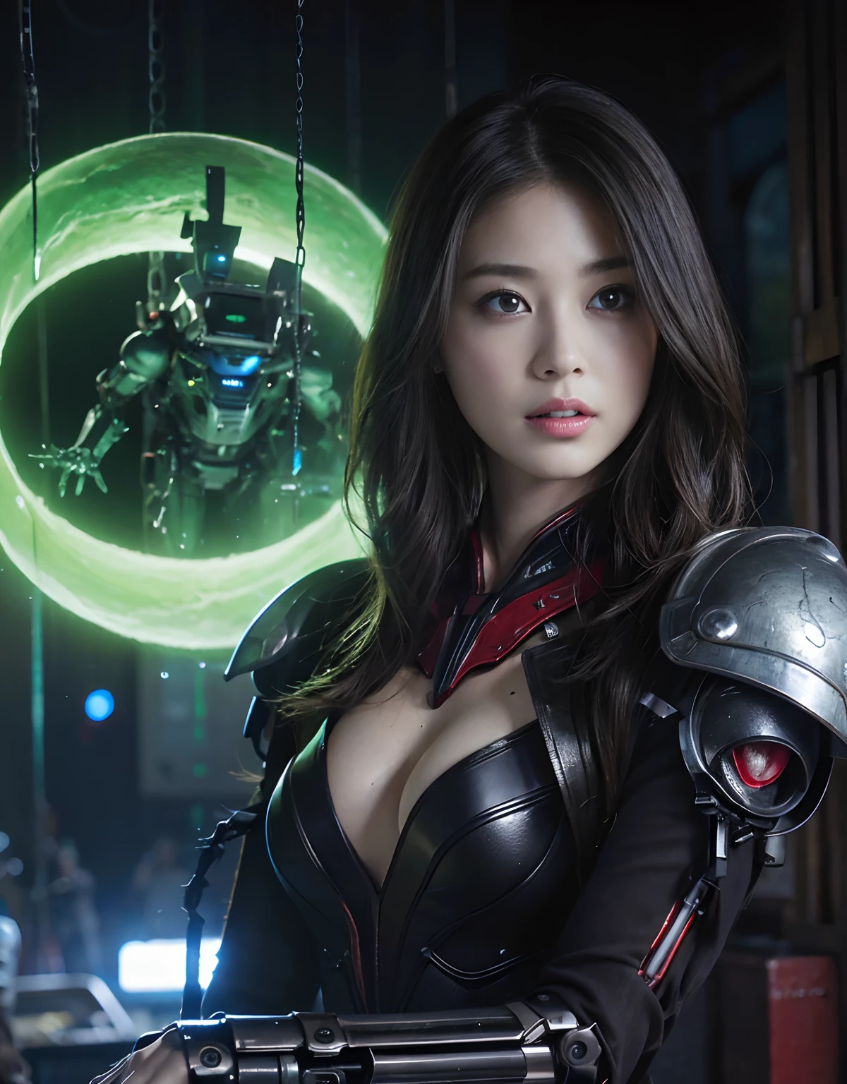 (1 Mechanical Girl)、top-quality、​masterpiece、超A high resolution、(Photorealsitic:1.4)、Raw photo、女の子1人、Fight mutants、glowy skin、(((1 Mechanical Girl)))、With a beautiful knife、（Green Metal Bodysuit）、(Fight goblings、ogre、Fierce battle with orcs),（Fight fiercely against aliens）、Fight fiercely、(beautiful forest background)、(Fighting Demonic Beasts)、(Small LED)、((super realistic details))、portlate、(Strong giant demon beast background),globalillumination、Shadow、octan render、8K、ultrasharp、Colossal tits、Raw skin is exposed in cleavage、metals、Details of complex ornaments、Japan details、highly intricate detail、Realistic light、(Mystical expression),CGSoation Trends、Blue eyes、radiant eyes、Facing the camera、neon details、(Mechanical limbs)、(blood vessels connected to tubes)、Mechanical vertebrae attached to the back、mechanical cervical attaching to neck、(Wires and cables connecting to the head)、Gundam、Small LED、,Mechanical thighs、Toostock、（Hands are also made of machines）、（Attack of the Monster Beasts）、（Wounded in a deadly battle）、