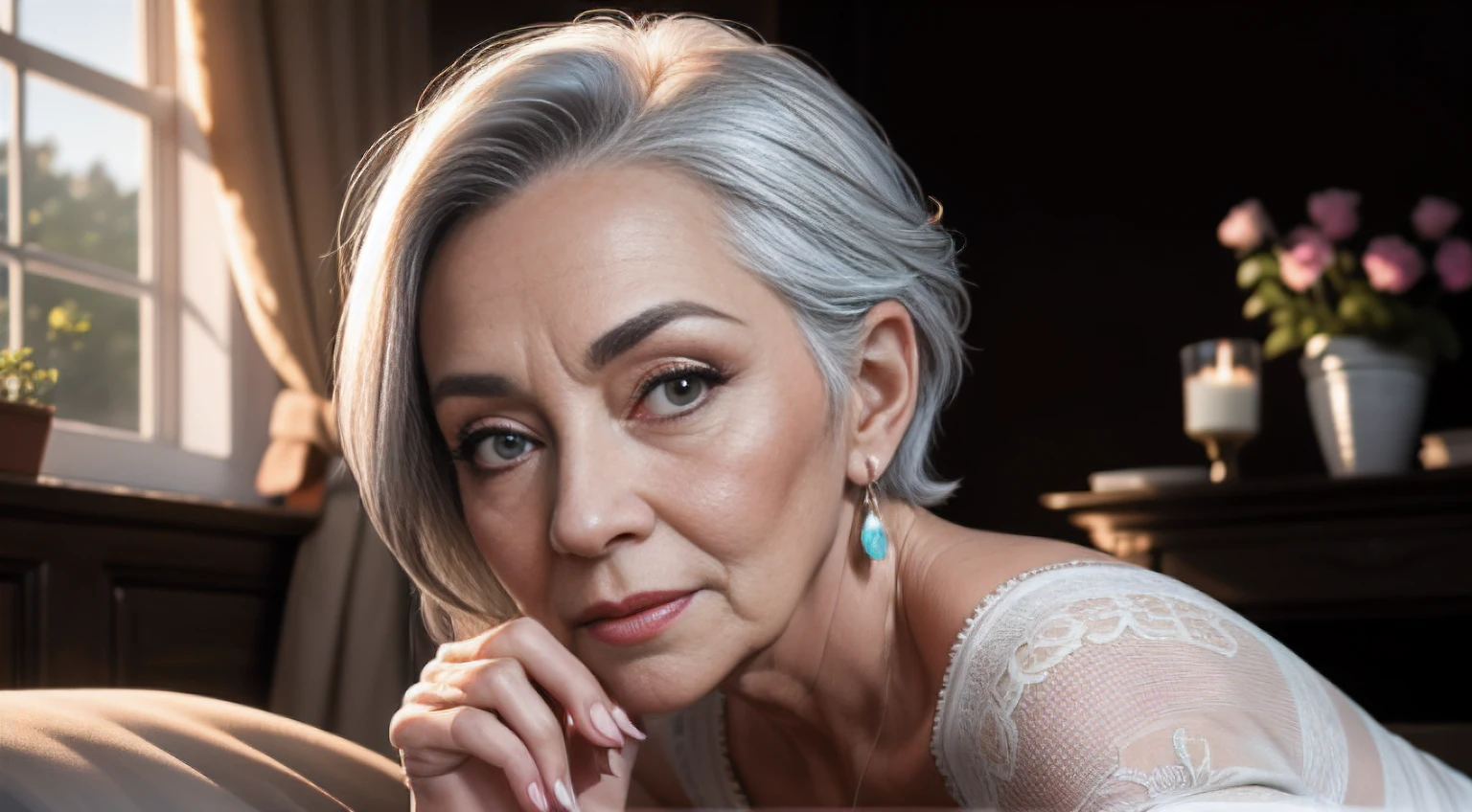 portrait of a 75-year-old woman with gray hair, seductive gaze,a bunch of grey hair on top, brown eyes, a lot of wrinkles on her face, detailed wrinkles (8K, high resolution、The ultra -The high-definition、An ultra-high picture quality、Ultrarealistic、Best Quality)(small chest) clearly visible pubic shape, proper eye position, soft light, hips, detailed color graded background, intricate, highly detail, octane render, HD, 8k, an expensive country cottage, a huge house, a lawn, a large area around, bushes, a garden, evening meeting, business clothes with a pronounced neckline, tight clothes, small breasts, translucent dress, clear background, detailed background, ray traycing, soft shadows, NSFW:1.5, good eyes, perfect eyes, beautiful eyes, detailed eyes,
