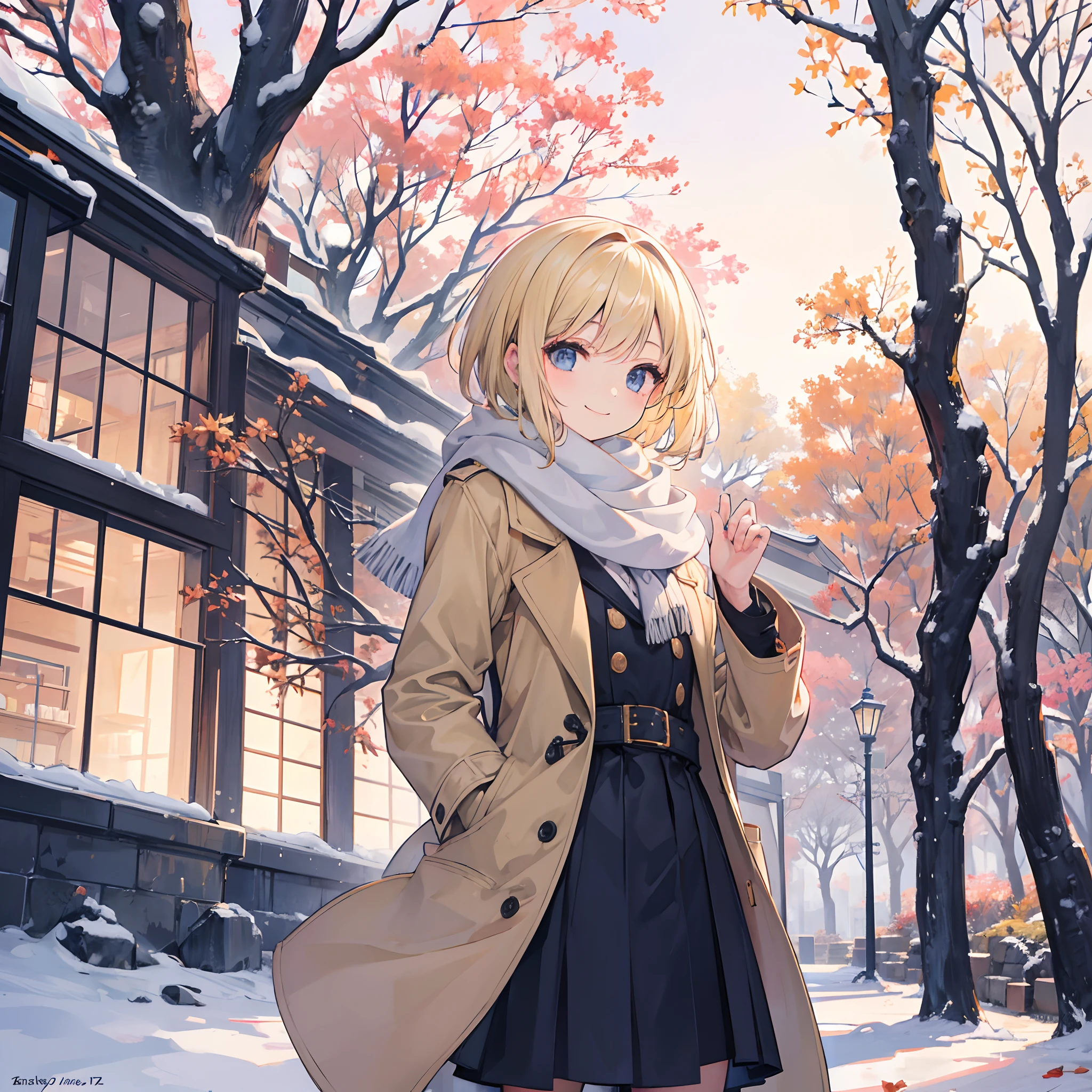 Masterpiece, 1 girl, smiling, european, winter coat, scarf, skirt, (small) chillerism, short blonde hair, autumn trees