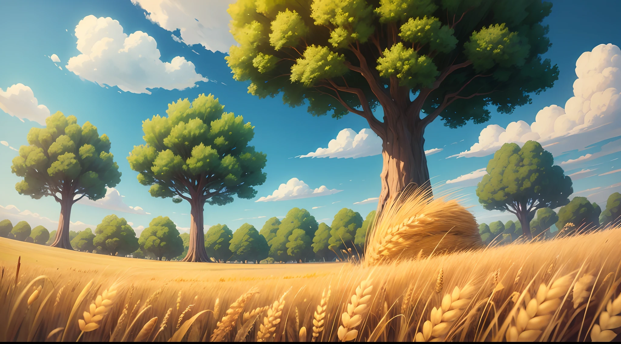 Cartoon wheat filed land , wheat plants , grass , tree ,sky in cartoon