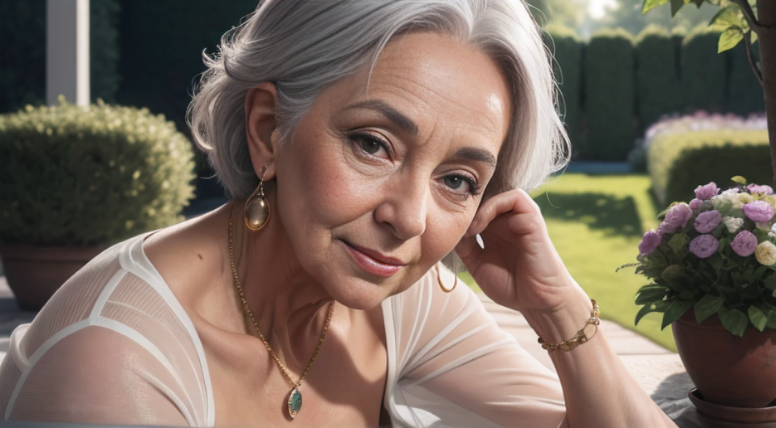 portrait of a 75-year-old woman with gray hair, seductive gaze,a bunch of grey hair on top, brown eyes, a lot of wrinkles on her face, detailed wrinkles (8K, high resolution、The ultra -The high-definition、An ultra-high picture quality、Ultrarealistic、Best Quality)(small chest) clearly visible pubic shape, proper eye position, soft light, hips, detailed color graded background, intricate, highly detail, octane render, HD, 8k, an expensive country cottage, a huge house, a lawn, a large area around, bushes, a garden, evening meeting, business clothes with a pronounced neckline, tight clothes, small breasts, translucent dress, clear background, detailed background, ray traycing, soft shadows