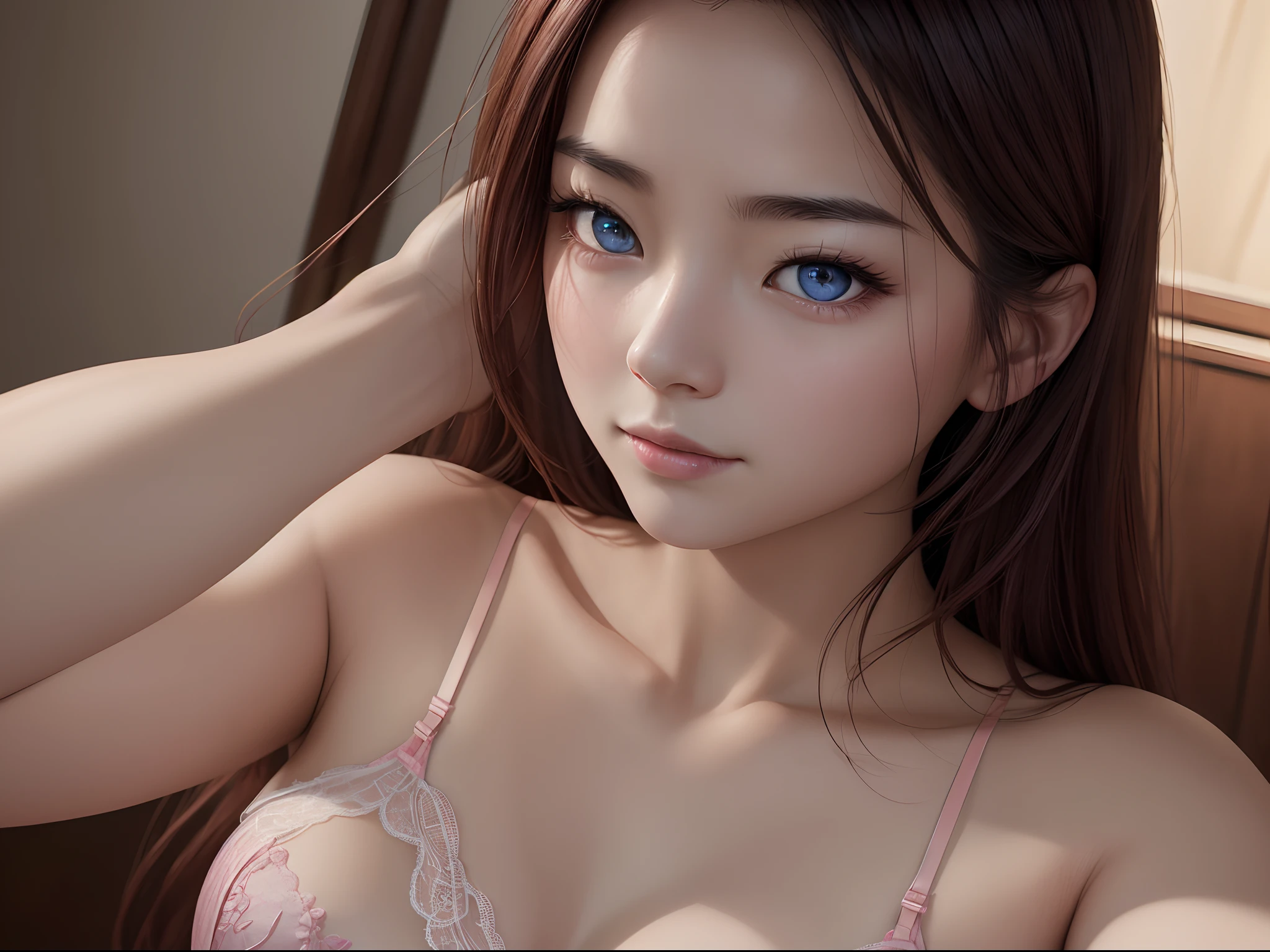 8K, Best quality, Masterpiece, 超高分辨率, (Realism: 1.4), Original photo, (Realistic skin texture: 1.3), (filmgrain: 1.3), (Selfie angle), 1 girl, Pink lingerie, Sapphire colored eyes and beautiful face details, Masterpiece, Best quality, Close up, Upper body