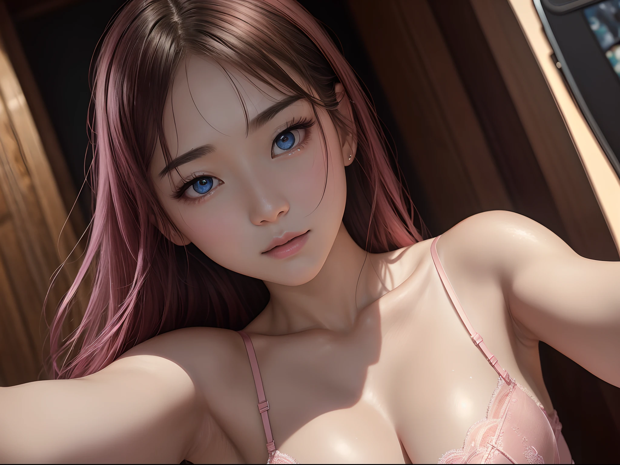 8K, Best quality, Masterpiece, 超高分辨率, (Realism: 1.4), Original photo, (Realistic skin texture: 1.3), (filmgrain: 1.3), (Selfie angle), 1 girl, Pink lingerie, Sapphire colored eyes and beautiful face details, Masterpiece, Best quality, Close up, Upper body