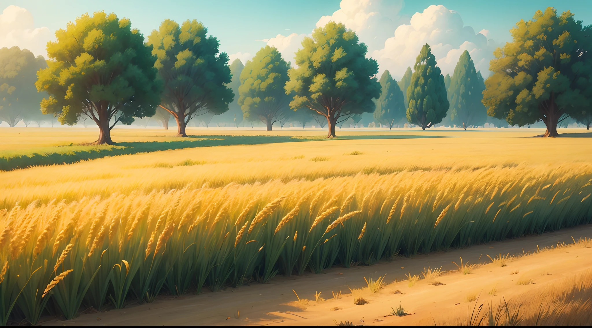 Cartoon small wheat filed land , wheat plants , grass , tree ,sky in cartoon