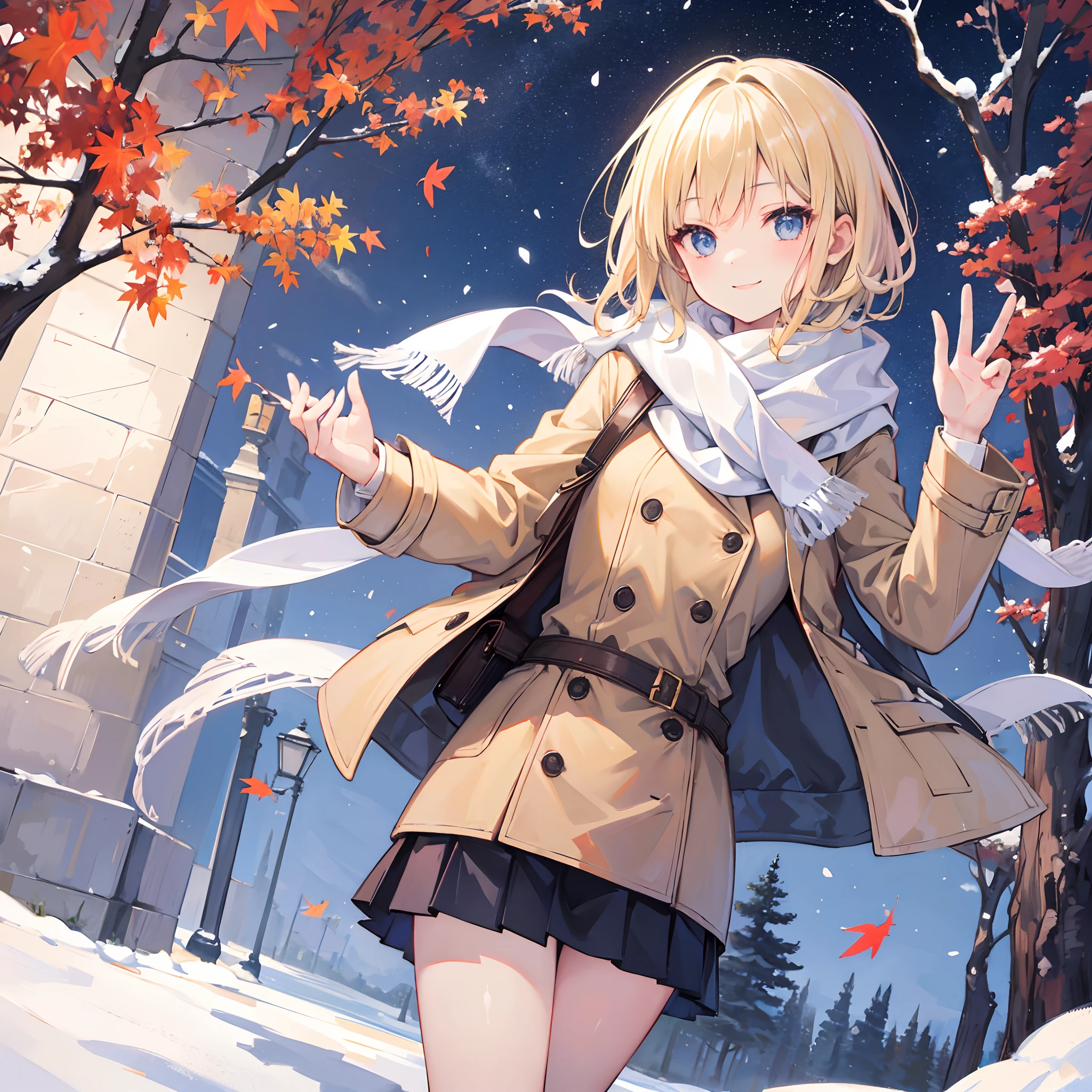 Masterpiece, 1 girl, smiling, european, winter coat, scarf, skirt, (small) chillerism, short blonde hair, autumn trees