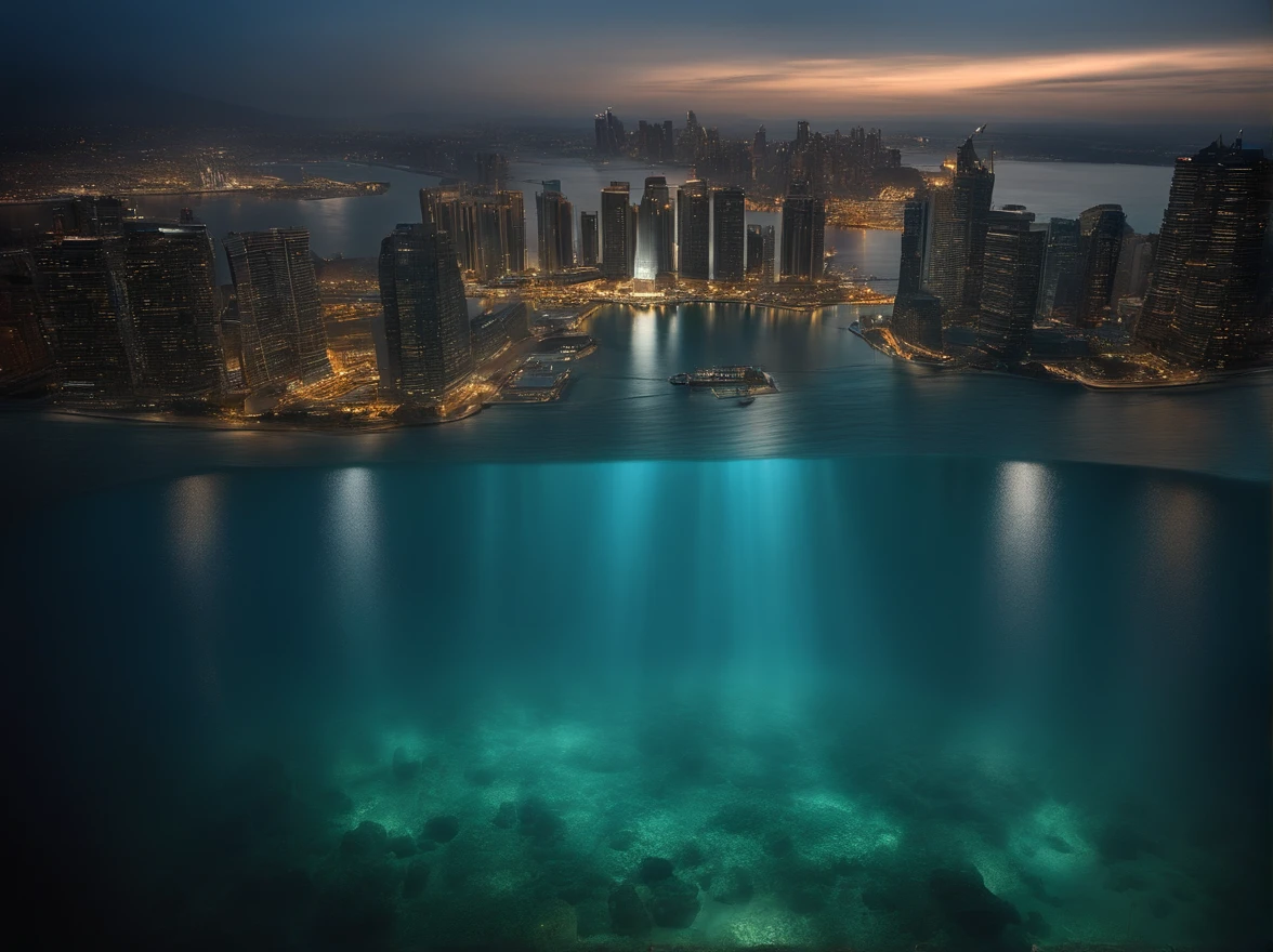 In this awe-inspiring photograph, a colossal city emerges from the depths of the water, evoking images of a modern-day Atlantis. The photographer captures the grandeur and magnitude of the city's architecture, with towering skyscrapers reaching towards the sky. The cityscape is bathed in a soft, otherworldly glow, creating an ethereal and mysterious atmosphere. The composition utilizes leading lines, drawing the viewer's gaze towards the heart of the city. Renowned photographer Edward Burtynsky skillfully captures the majesty and enigma of this underwater metropolis