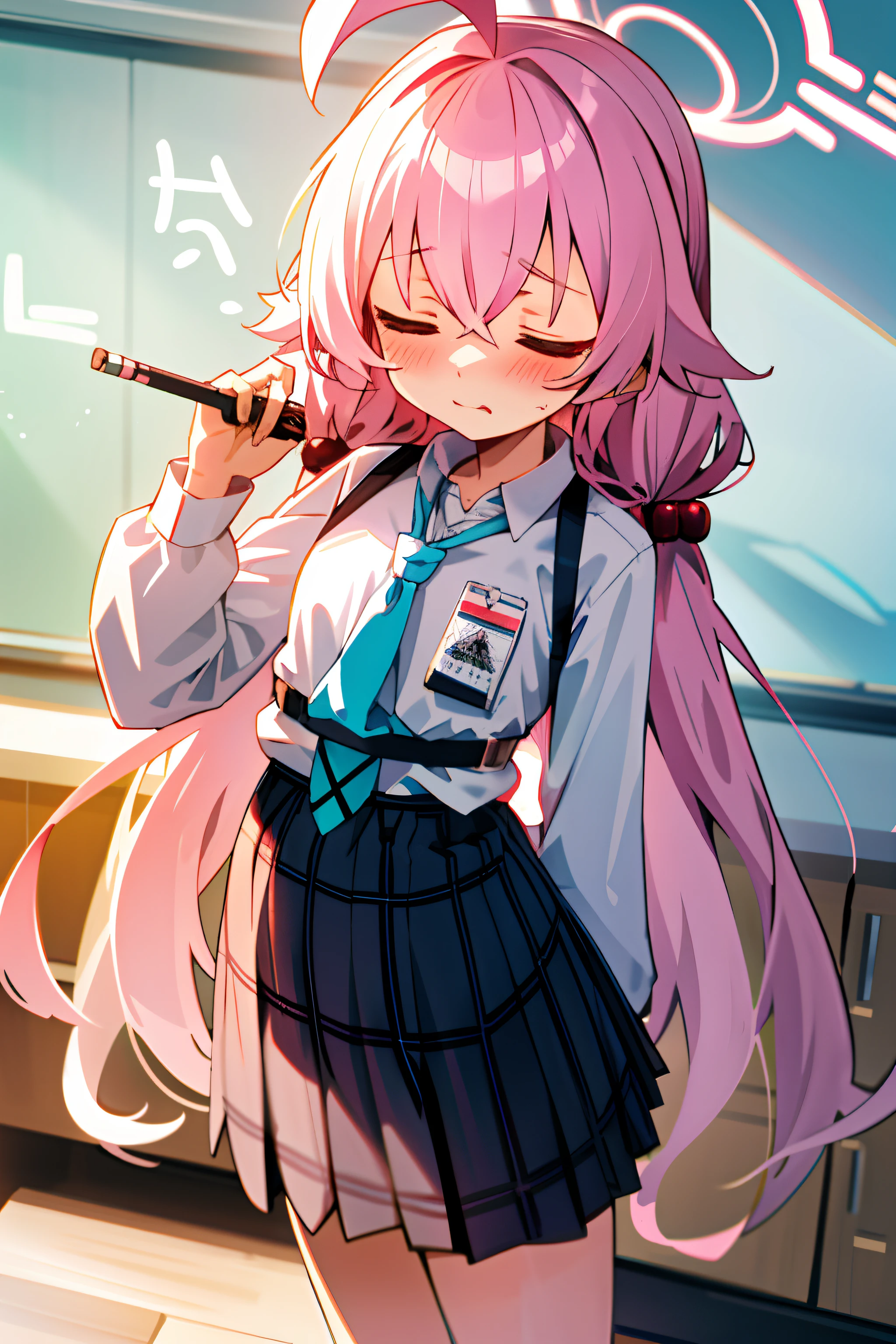 Hoshino (blue archive) One girl with long hair and uniform, girl, loli, lolicon, looking at camera, sleepy face, blushing, tsundere, small breast, small pregnant, hands behind back, classroom, best quality, high quality,