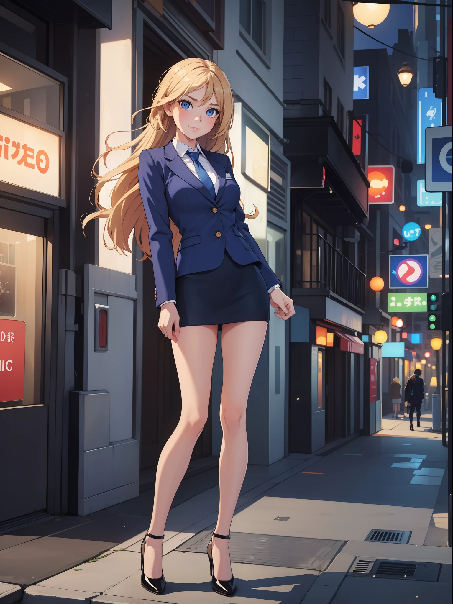 Anime girl in a short skirt and jacket standing on a city street ...