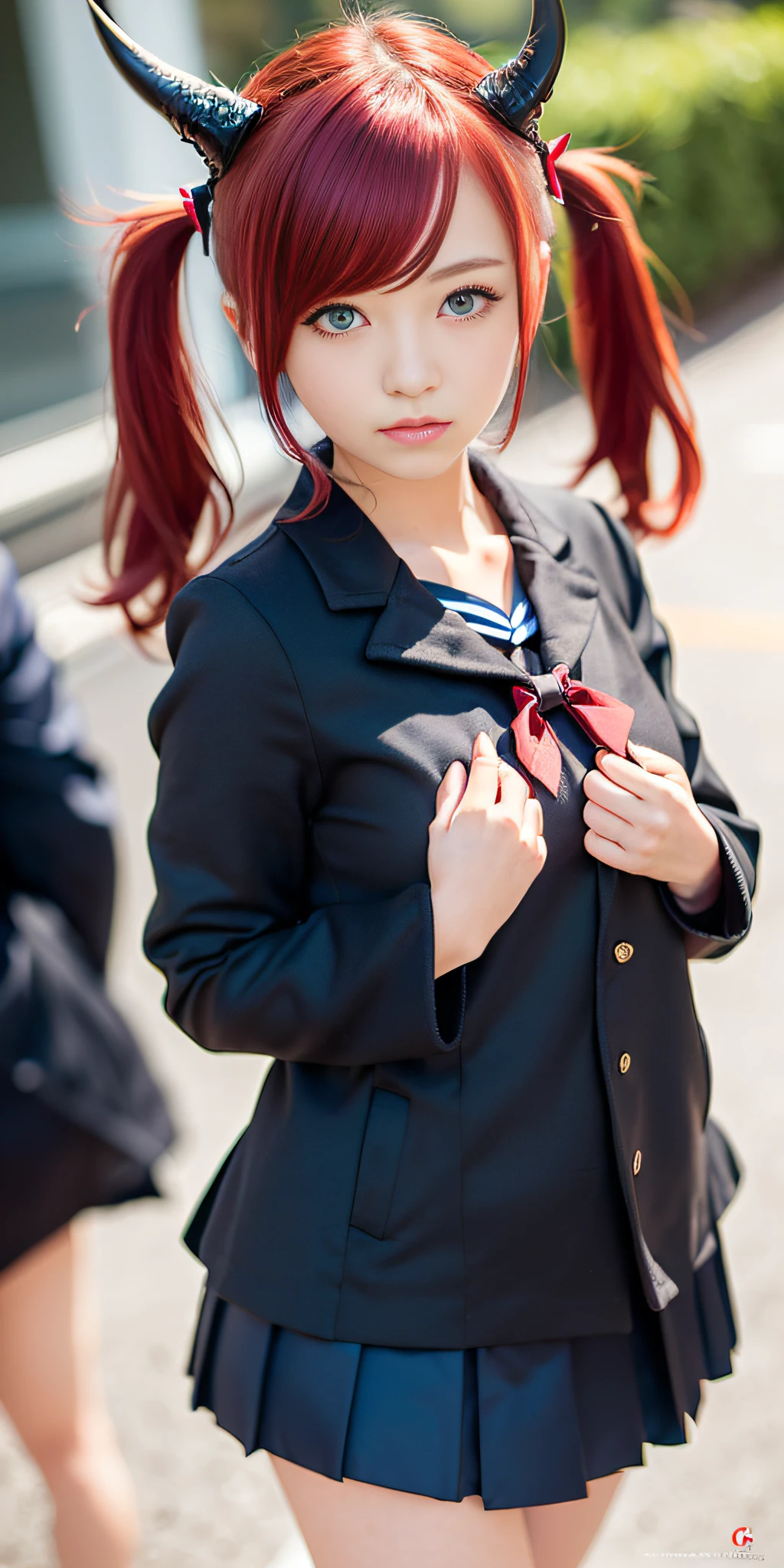 ((Red hair, blue eyes, twin tails, Sailor suit, black coat, dragon horns, very short pleated skirt, 1 woman only, 18yr old)), Cute, bow, image taken with canon eos professional camera 50mm lens