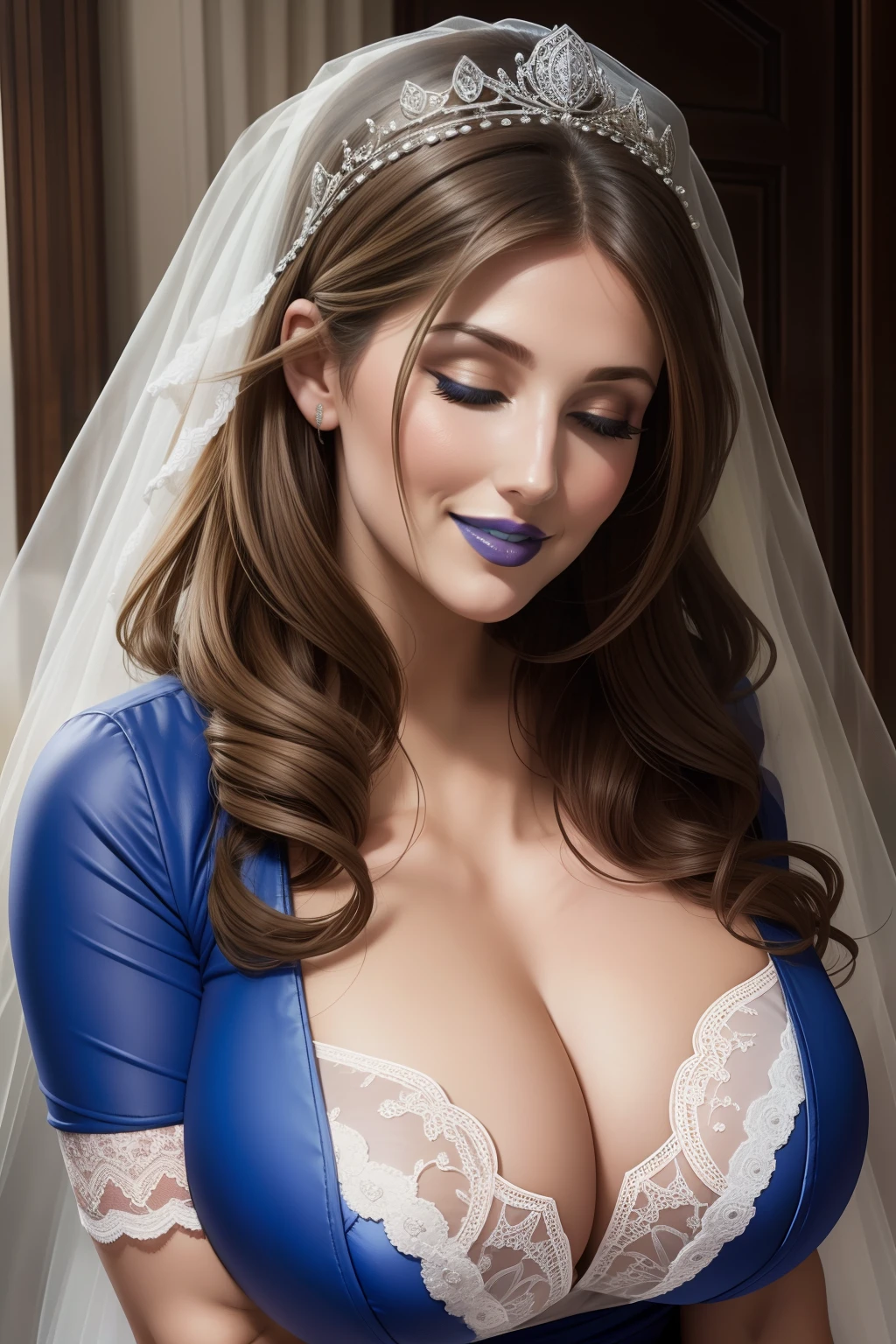 lucy pinder, face portrait, smiling, bride, blue lipstick, eyes closed