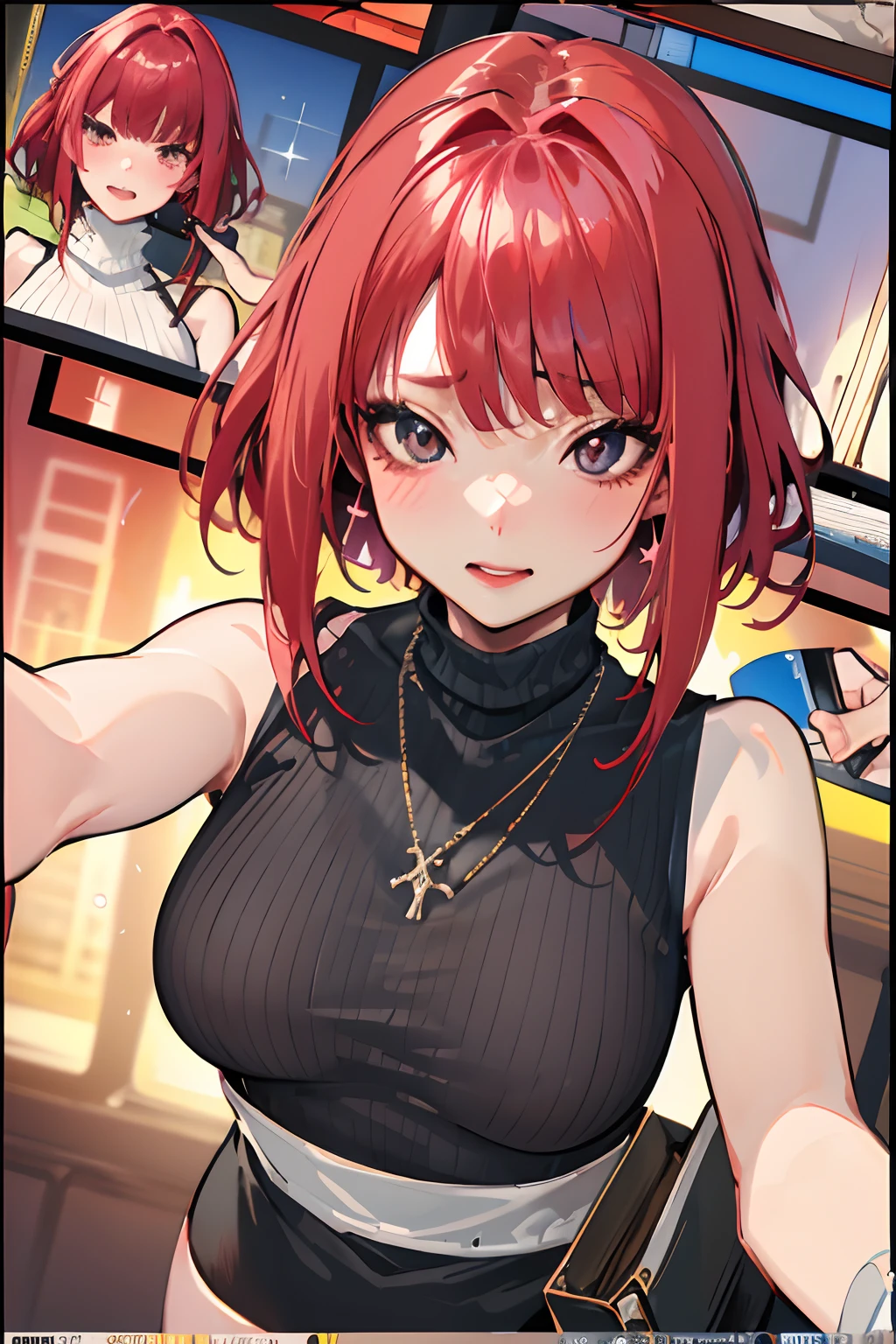 masutepiece, Best Quality, pixiv, Cowboy Shot, Red hair,
1girl in, breasts, blush, Sleeveless,Jewelry, Looking at Viewer, Skirt, Necklace, Solo, Bag, Sweaters, turtle neck, sleeveless turtleneck, Jacket, Sleeveless sweater, Long skirt, Medium Hair, Handbag、Confident rich woman standing in front of camera, Staring into the lens, Surrounded by a bustling recording scene with flashing lights, ,In the style of star art group Xing, 32K, Best Quality, masutepiece, Super Detail, high details,Girl in the video、Displayed on the monitor、(((pov))!