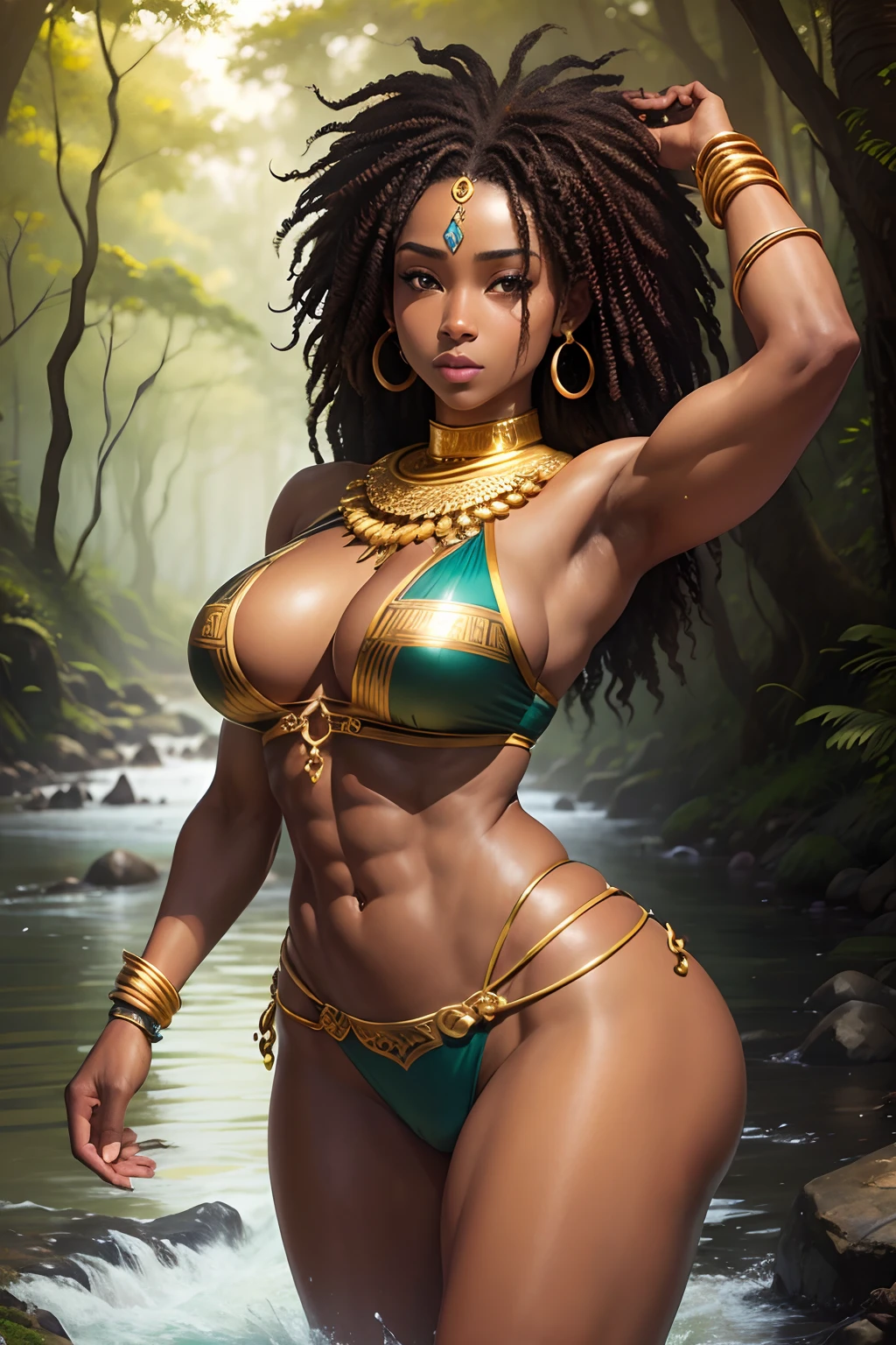 realistic african goddess Oxum, dark skin, golden jewelry, curly hair, abs, athletic body, river in a forest